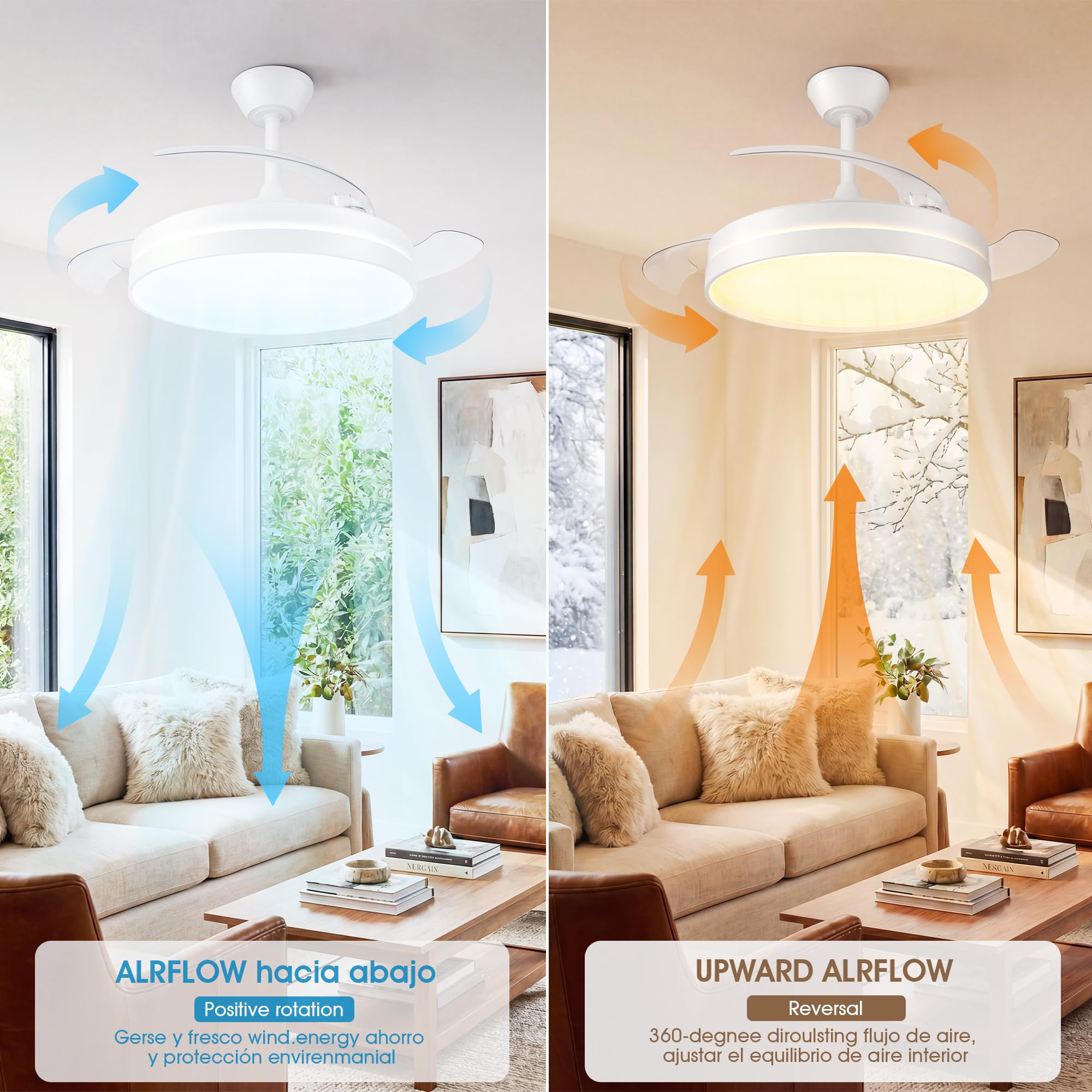 NIORSUN Ventilador de techo con luz,42" (106cm) Ventilador de techo,3 tonalidades, aspas desplegables, 40w 6 velocidades, APP&control remoto, Función Verano-Invierno,Blanco