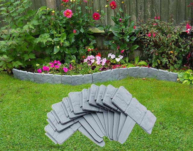 IEVEY 20 PCS Stone-Like Lawn Edging(5 Meter), Plastic Garden Edging, Garden Borders Edging, Freely Combinable Flower Bed Edging