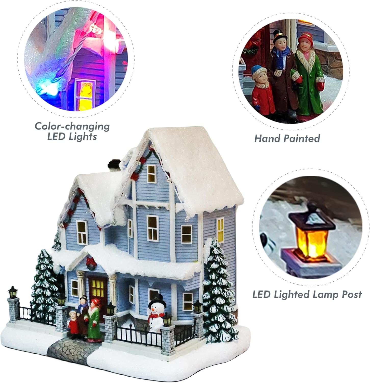 MOMENTS IN TIME Vintage Christmas Village House 8.9” Lighted LED Musical Holiday Building with Snowman, Family Scene & 8 Classic Songs Battery Operated Polyresin Décor