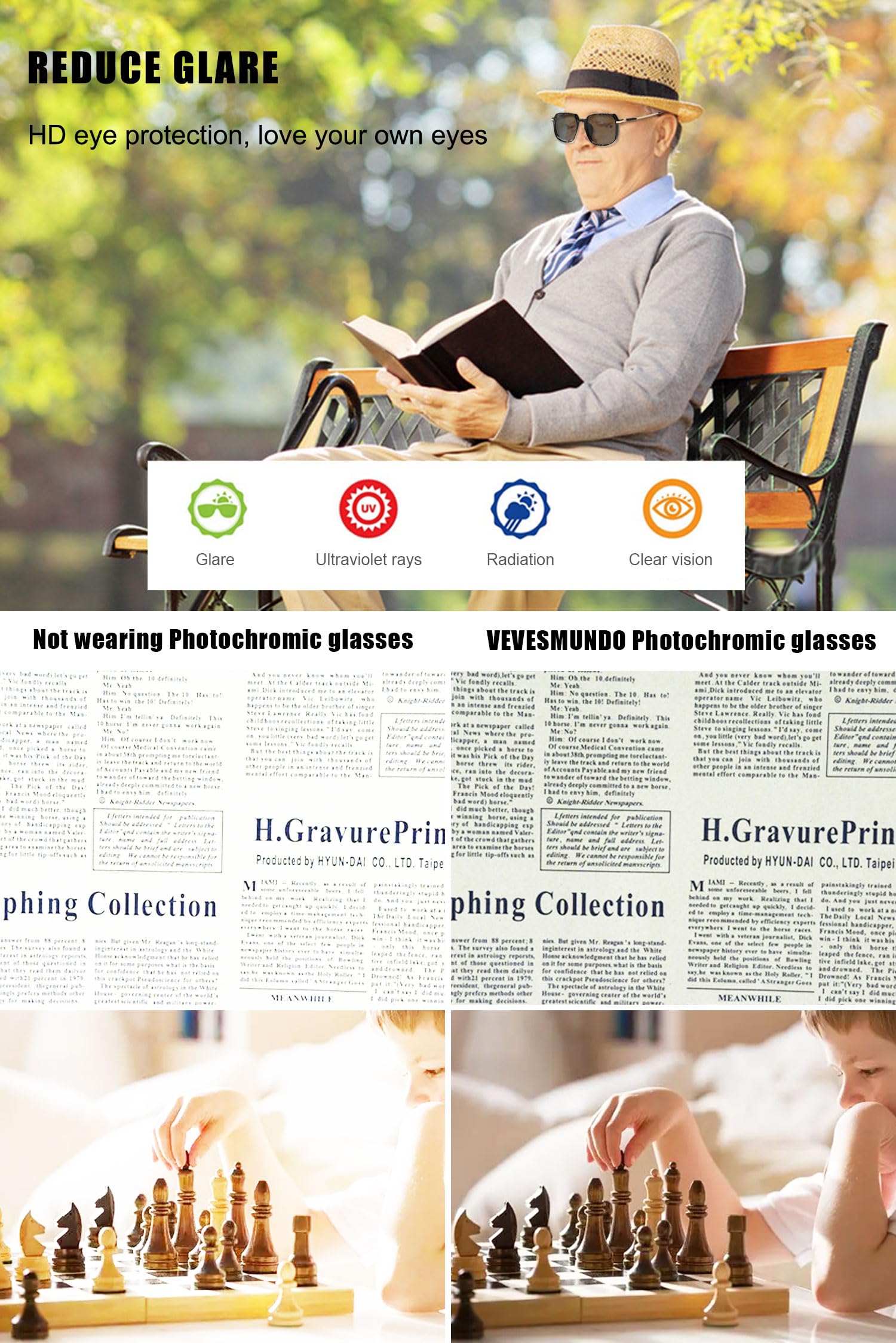VEVESMUNDO Selbsttönende Blaulichtfilter Lesebrille Photochrome Groß Metall Stylisch Sonnenbrille Grau Getönte Brille mit UV-Schutz für Damen Herren