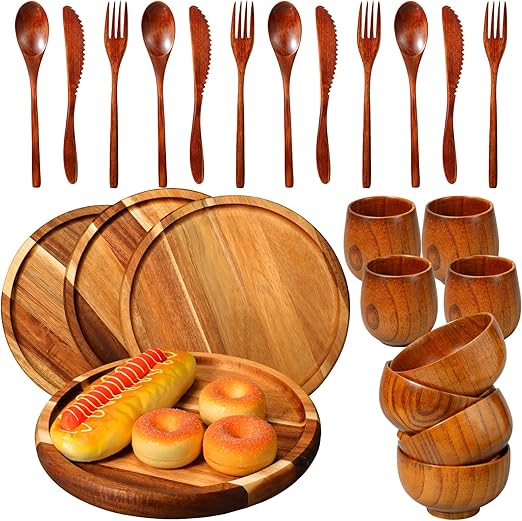 Tanlade 24 Pieces Wood Dinnerware Set Wooden Plates and