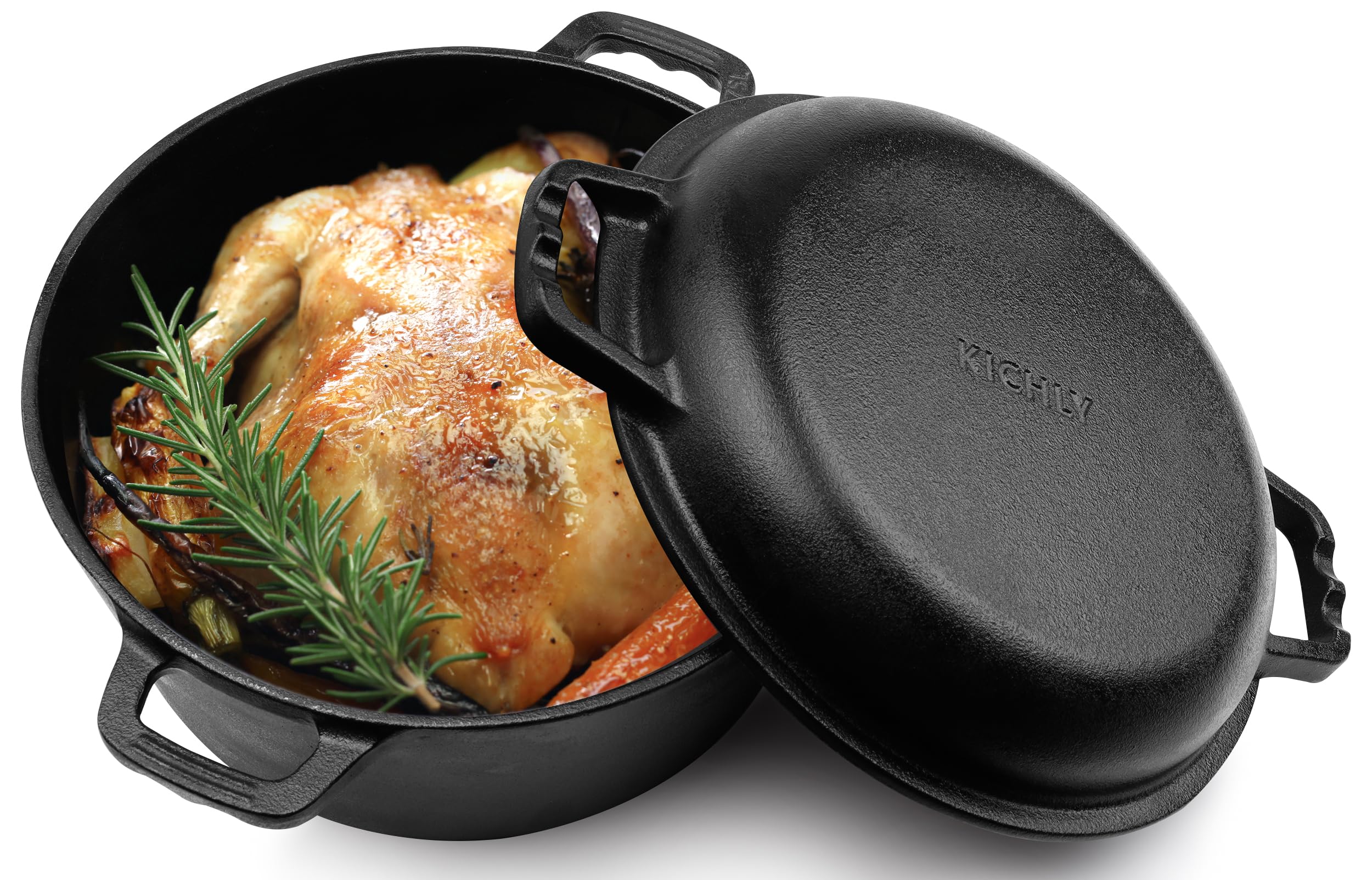 KICHLY 2 en 1 Four Hollandais en Fonte Pré-Assaisonné avec Couvercle - Poêle à Griller Double Usage Cuisson Intérieur et Extérieur