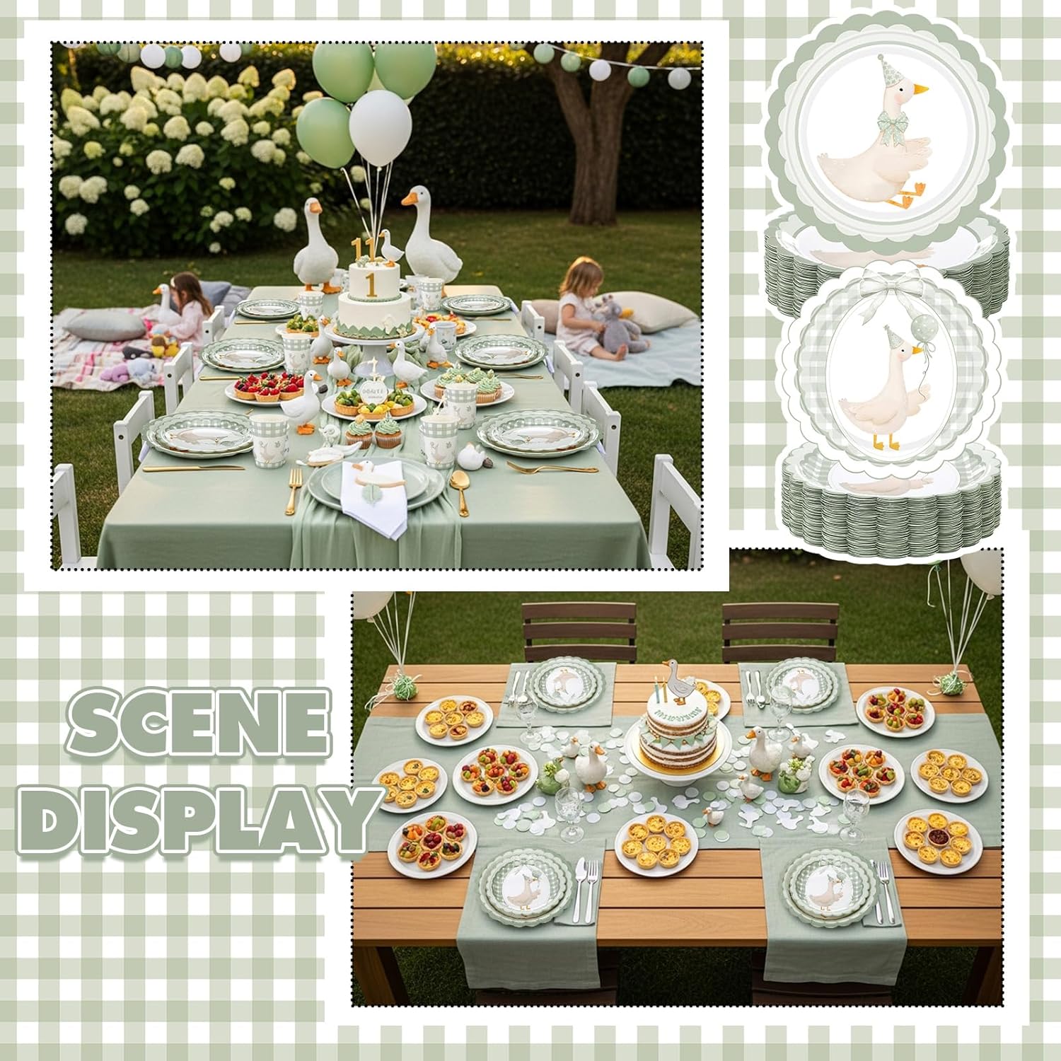 Zhehao 350 Pcs One Silly Goose Birthday Party Tableware Set Sage Green Scalloped Baby Shower Plates Cup Napkins Forks for Birthday Party Decorations Supplies for 50 Guests
