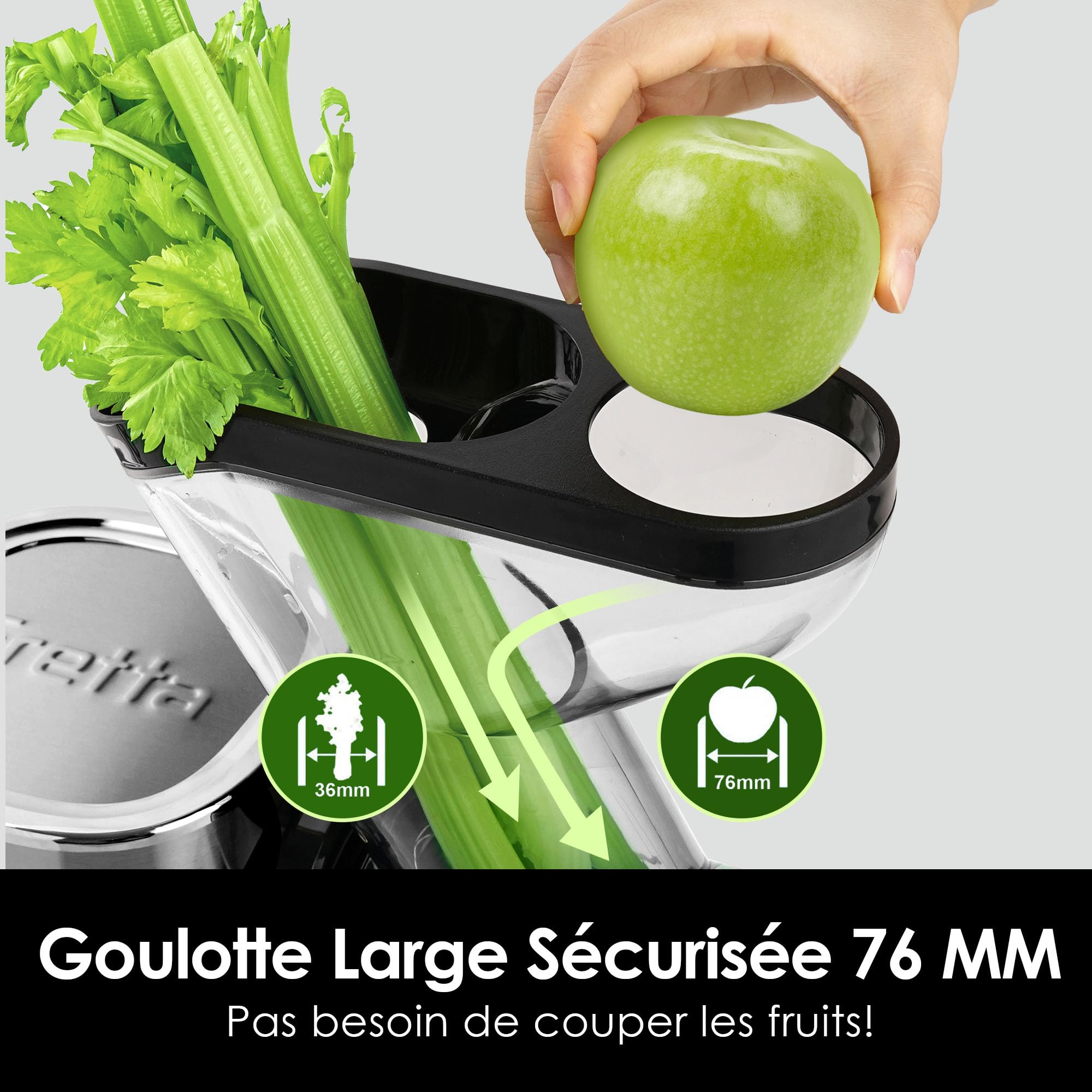 Fretta Extracteur de Jus à Pression à Froid, Goulotte 76 mm, Presse-agrumes sans BPA, Acier Inoxydable