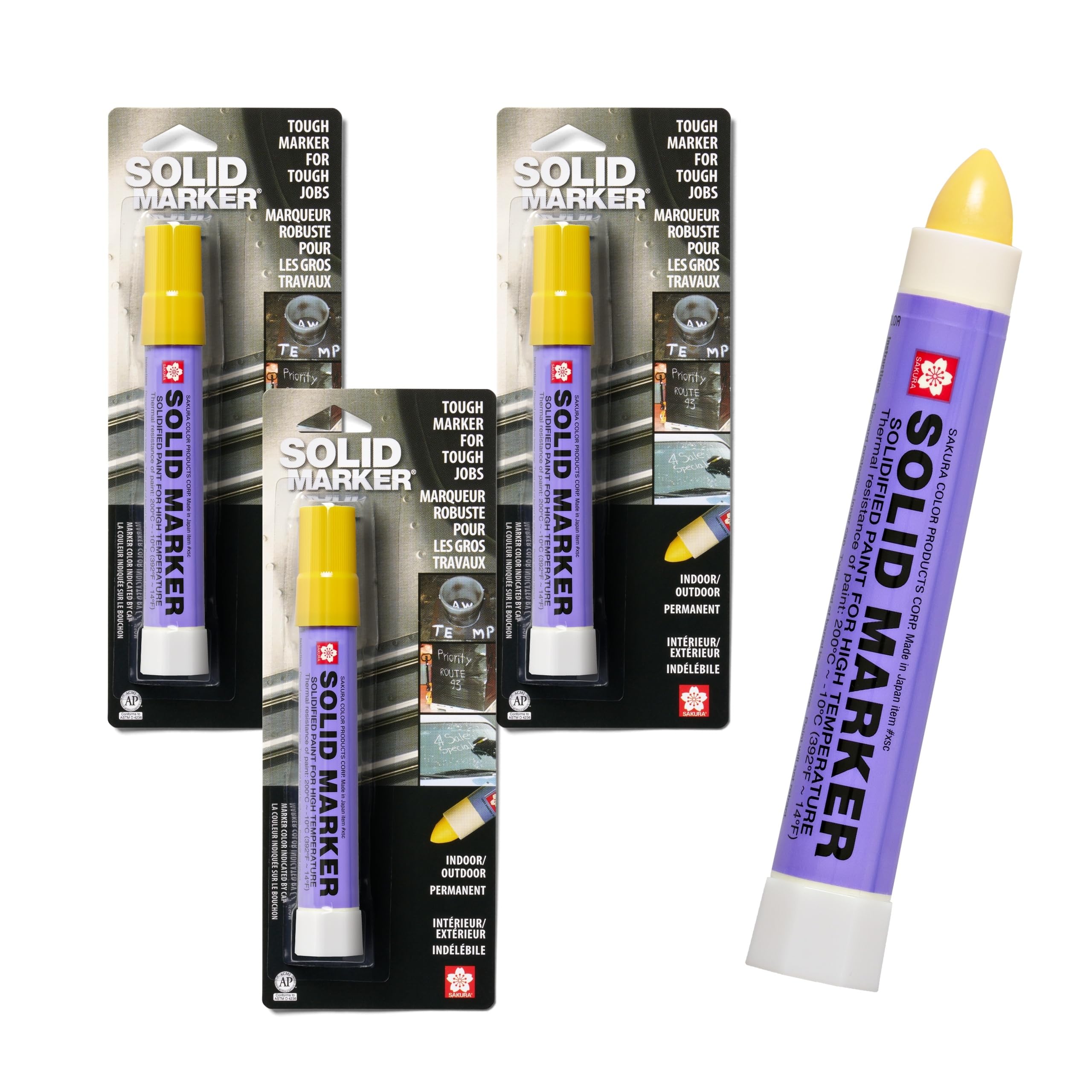 Sakura Solid Paint Markers - Permanent Marker Pens - Window, Wood & Glass Marker - Yellow Paint - 3 Pack
