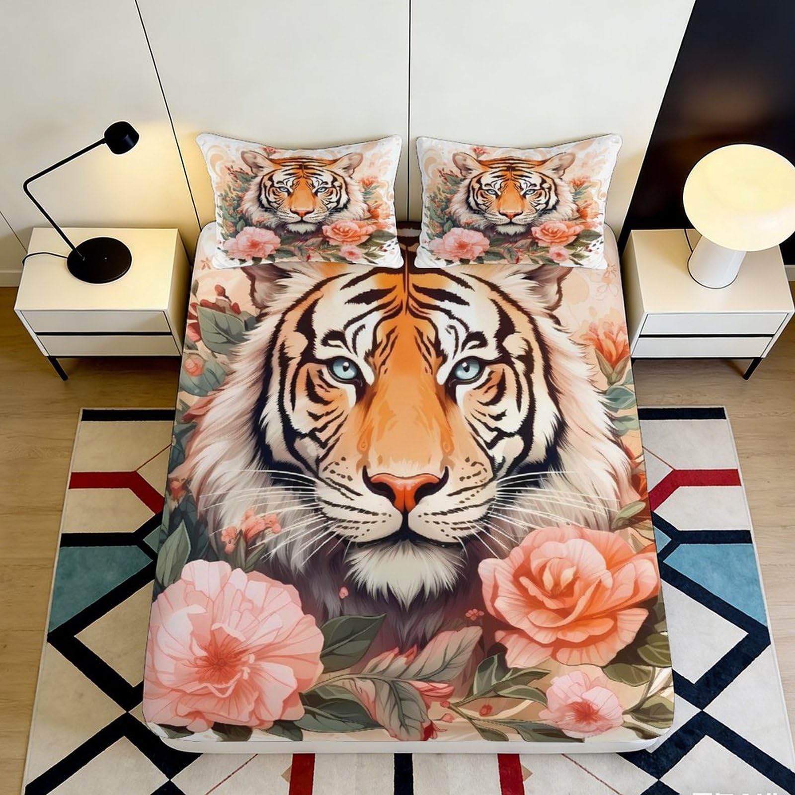 3D Printed Tiger Floral Fitted Sheet Microfiber Non-Slip Deep Pocket Tiger Floral Mattress Fitted Cover for Bedroom Adults 90x200x25cm