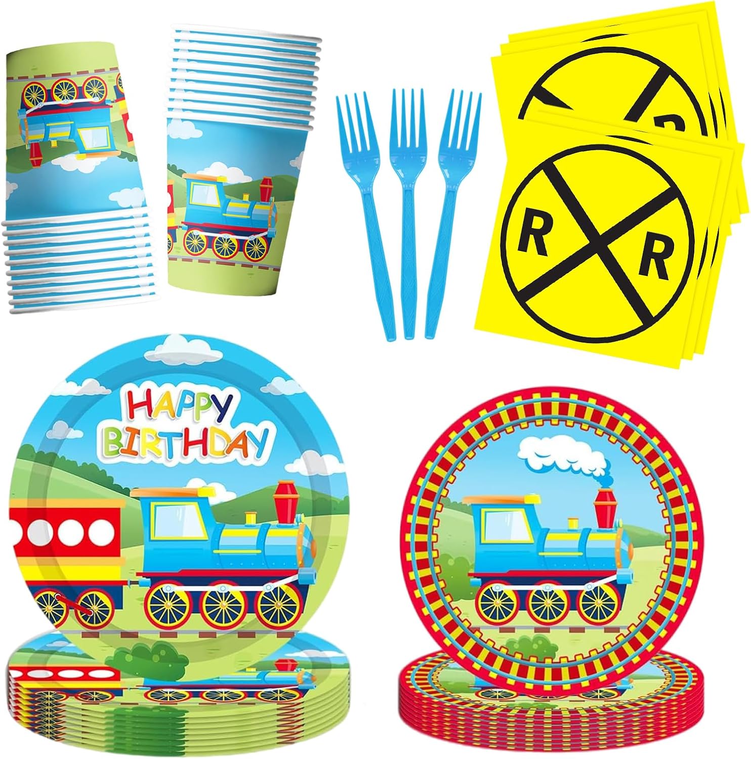 100pcs Train Party Supplies Set Serves 20, Includes Plates, Napkins, Cups, Forks for Train Birthday Party Decorations