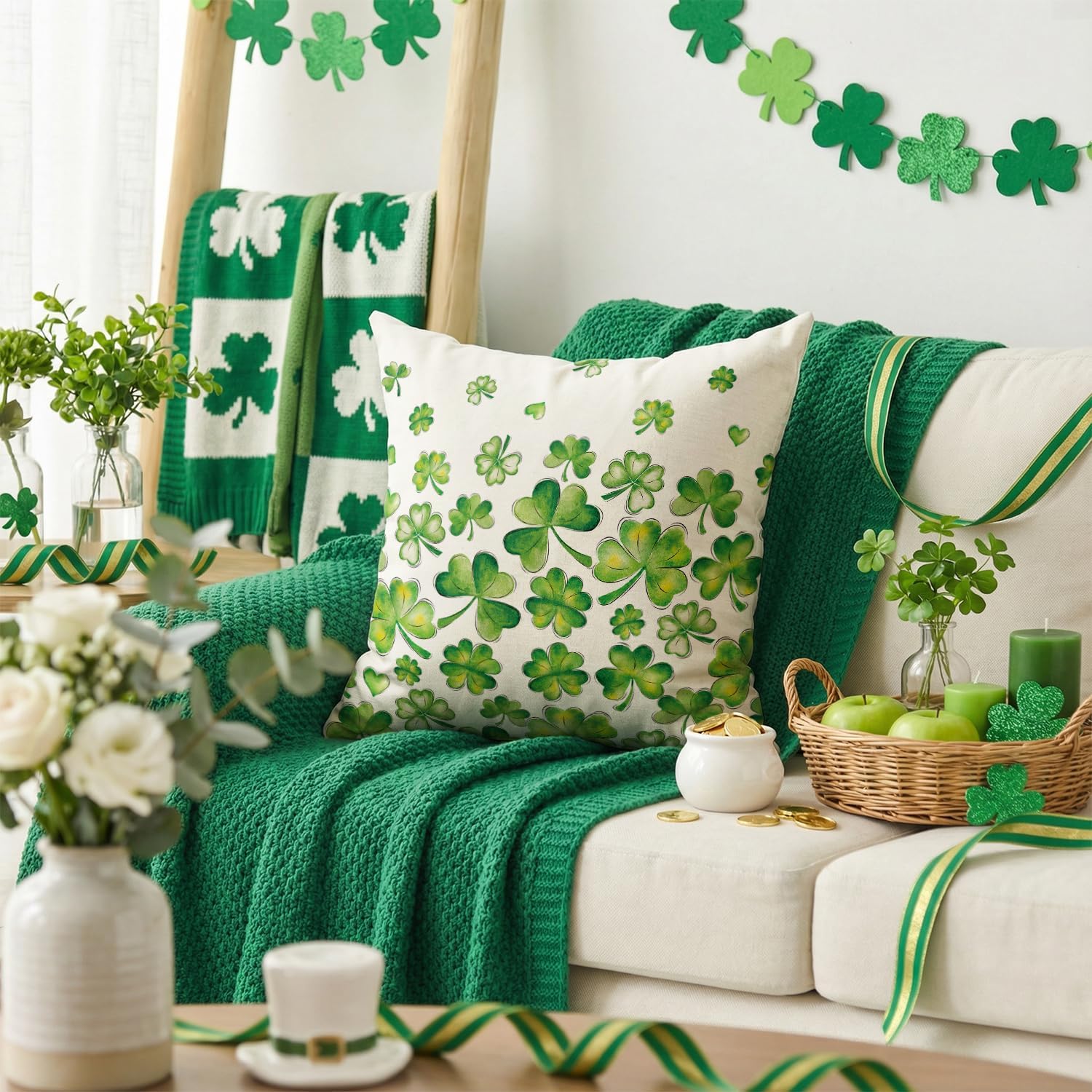 AVOIN colorlife St Patricks Day Clover Throw Pillow Cover, 18 x 18 Inch Flying Shamrock Green Cushion Case Decoration for Sofa Couch - Image 2