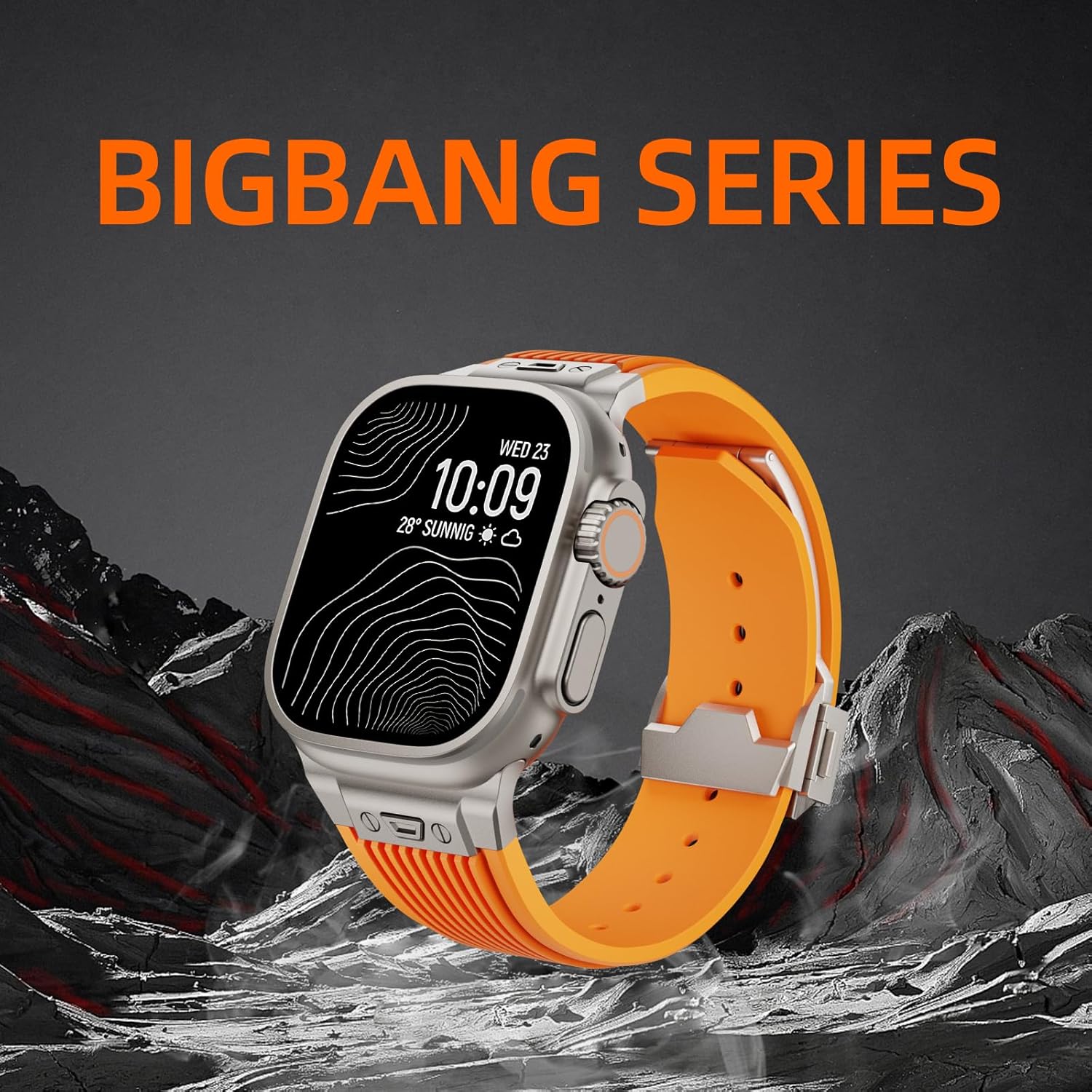 Sport Watch Band for Apple Watch Ultra, 49/45/44/42mm, Luxury Mens Watch Band with Butterfly Buckle and Rugged Silicone Rubber Strap, Orange - Image 6