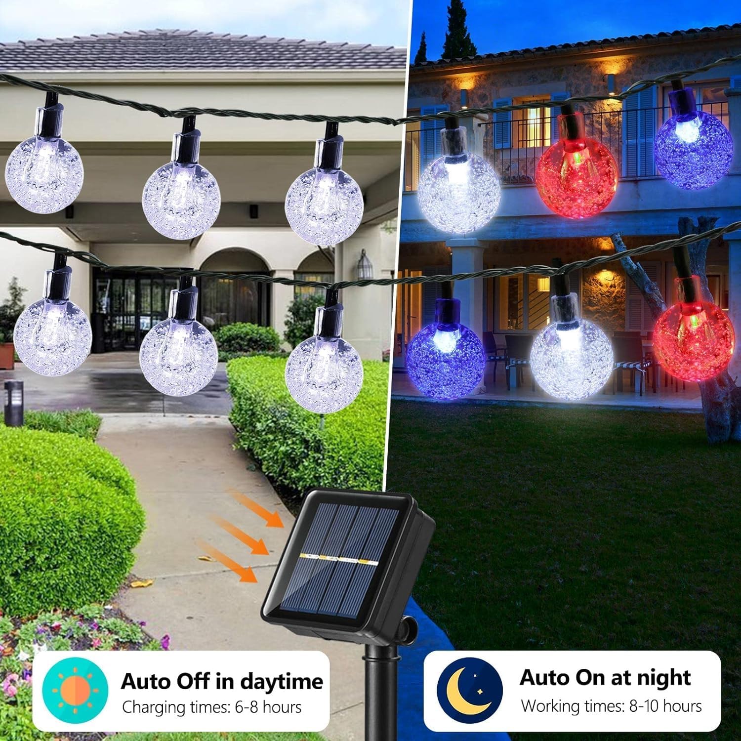 Solar String Lights, Small Crystal Ball ，Outdoor String Light 60 LED 40ft 8 Lighting Modes Waterproof Solar Powered Patio Solar Light for Garden Yard Porch Wedding Party Decor (Rainbow-Colored)