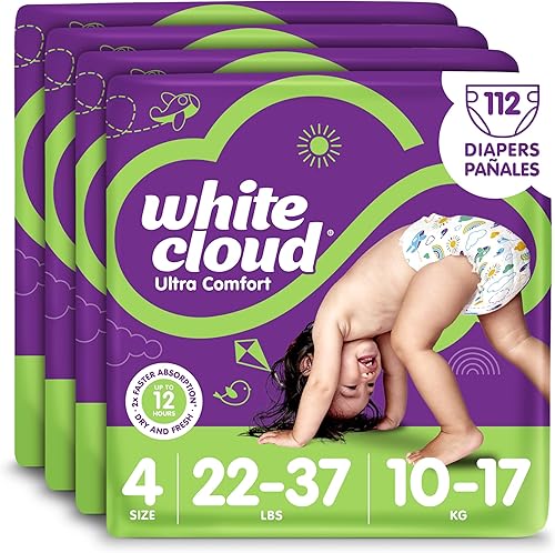 White Cloud Pañales ultra cómodos, talla 4, 22 37 libras, 4 paquetes de 28 112 pañales