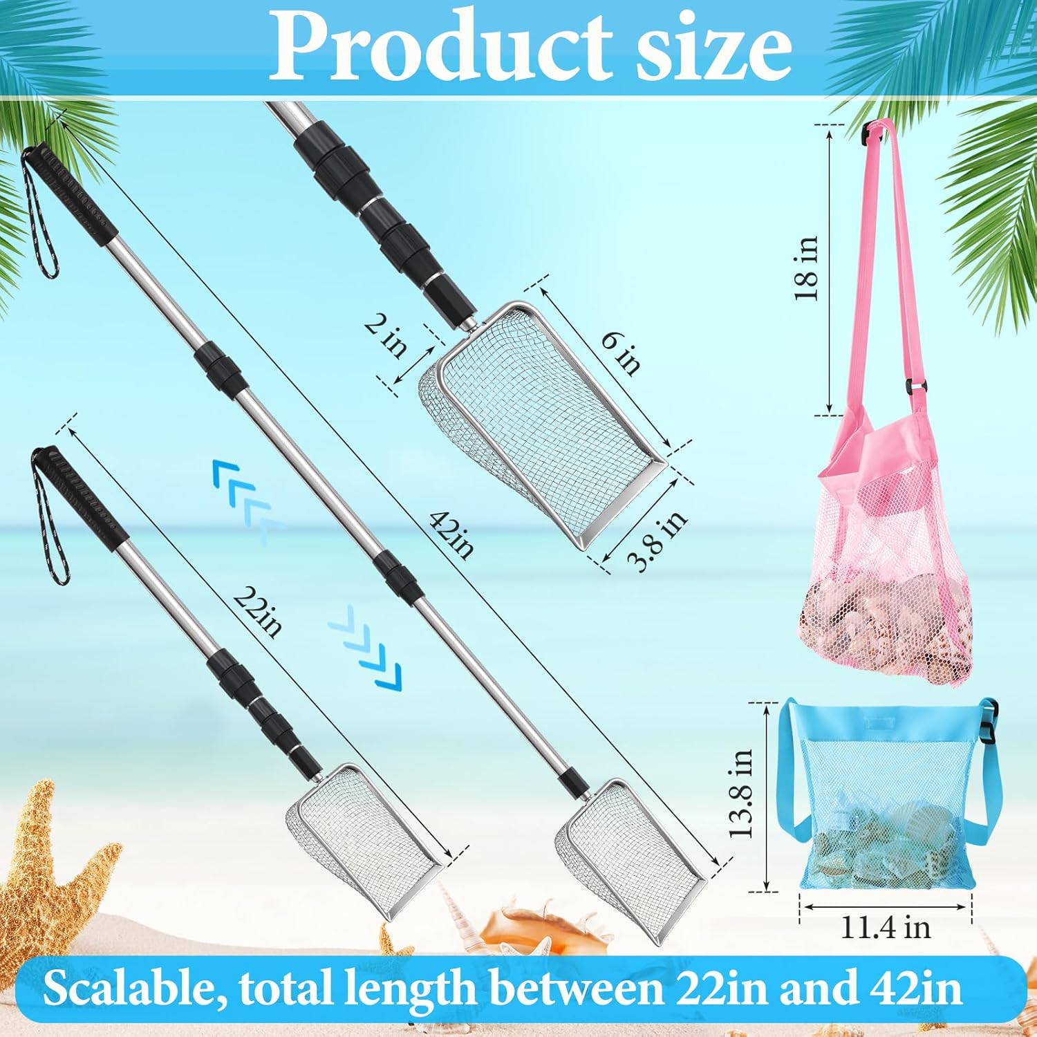 Liliful 6 Pcs New Shelling Tools for Beach Include 2 Shark Tooth Sifter with Adjustable Handle 2 Sand Scoop Shell Scooper and 2 Shell Bags Beach Shark Tooth Sifter Dipper(Pink, Blue,Upgraded)