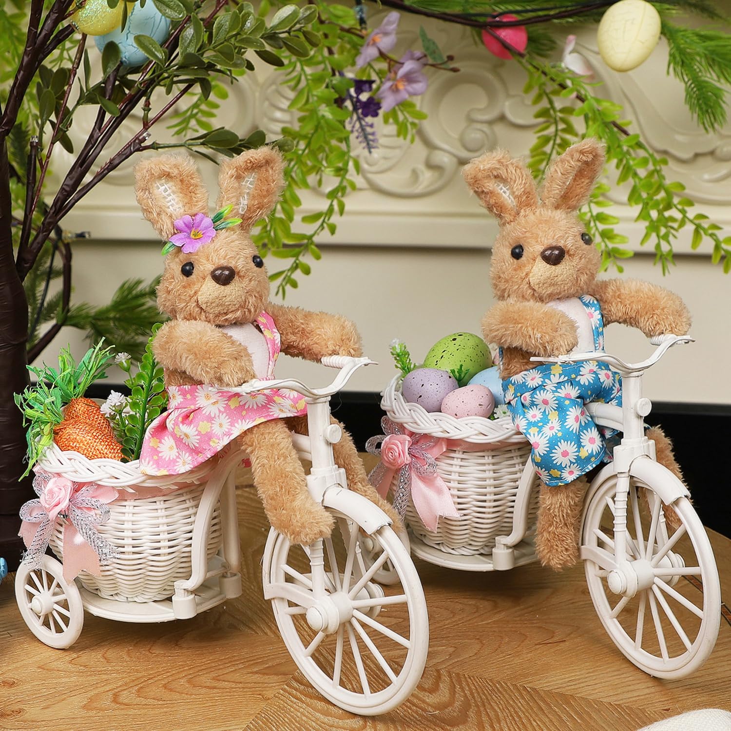 Juegoal Set of 2 Easter Tabletop Decorations Plush Bunny Couple, 10" Easter Rabbits Ride Bike, Cute Animal Figurine for Girls' Gift, Easter Basket Filler Spring Home Kitchen Room Ornament