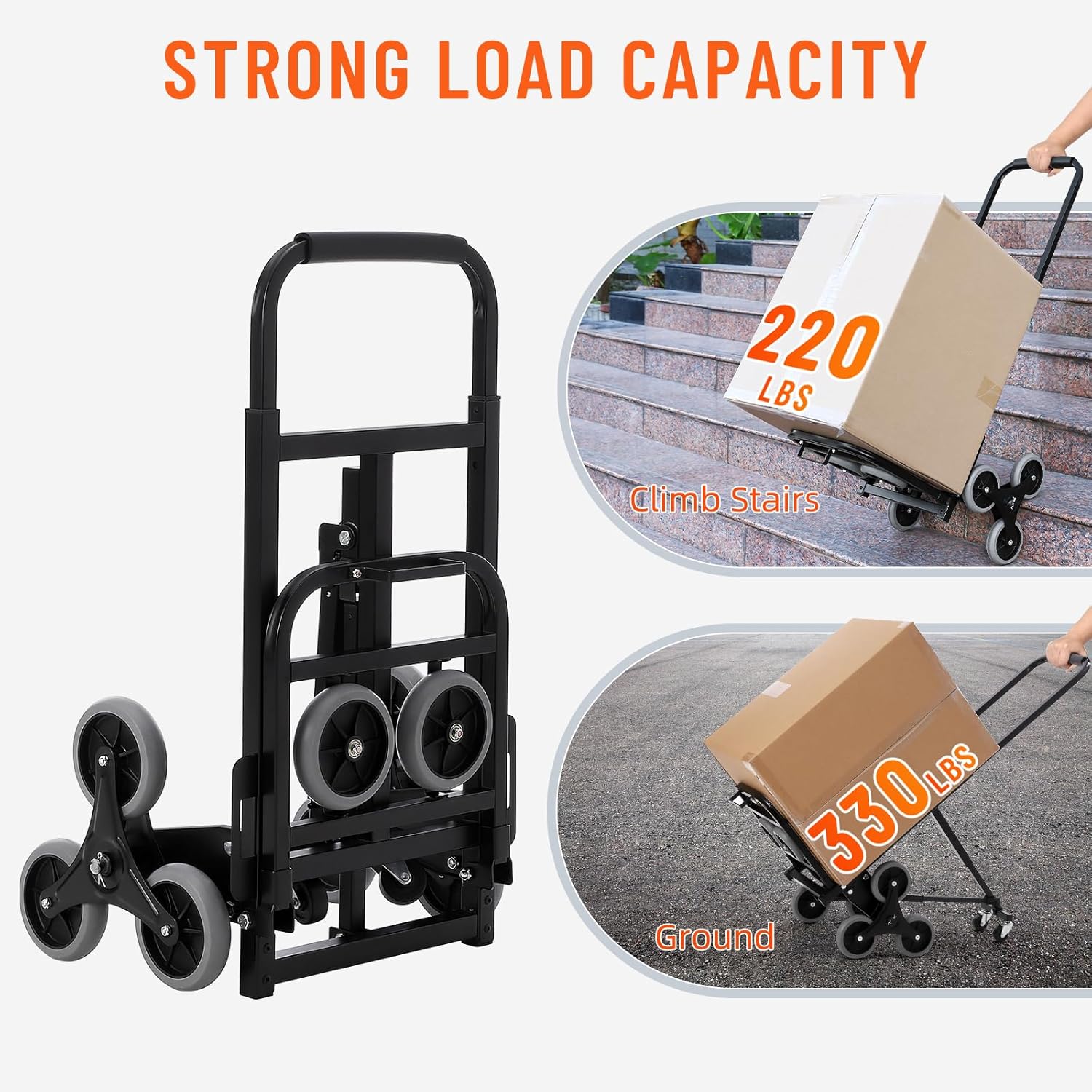 GarveeTech Folding Stair Climber Hand Truck and Dolly, 330 LB Capacity Portable Stair Climbing Cart with Telescoping Handle, Trolley Cart Luggage Cart for Moving, Shopping, Travel, Office Use, Black