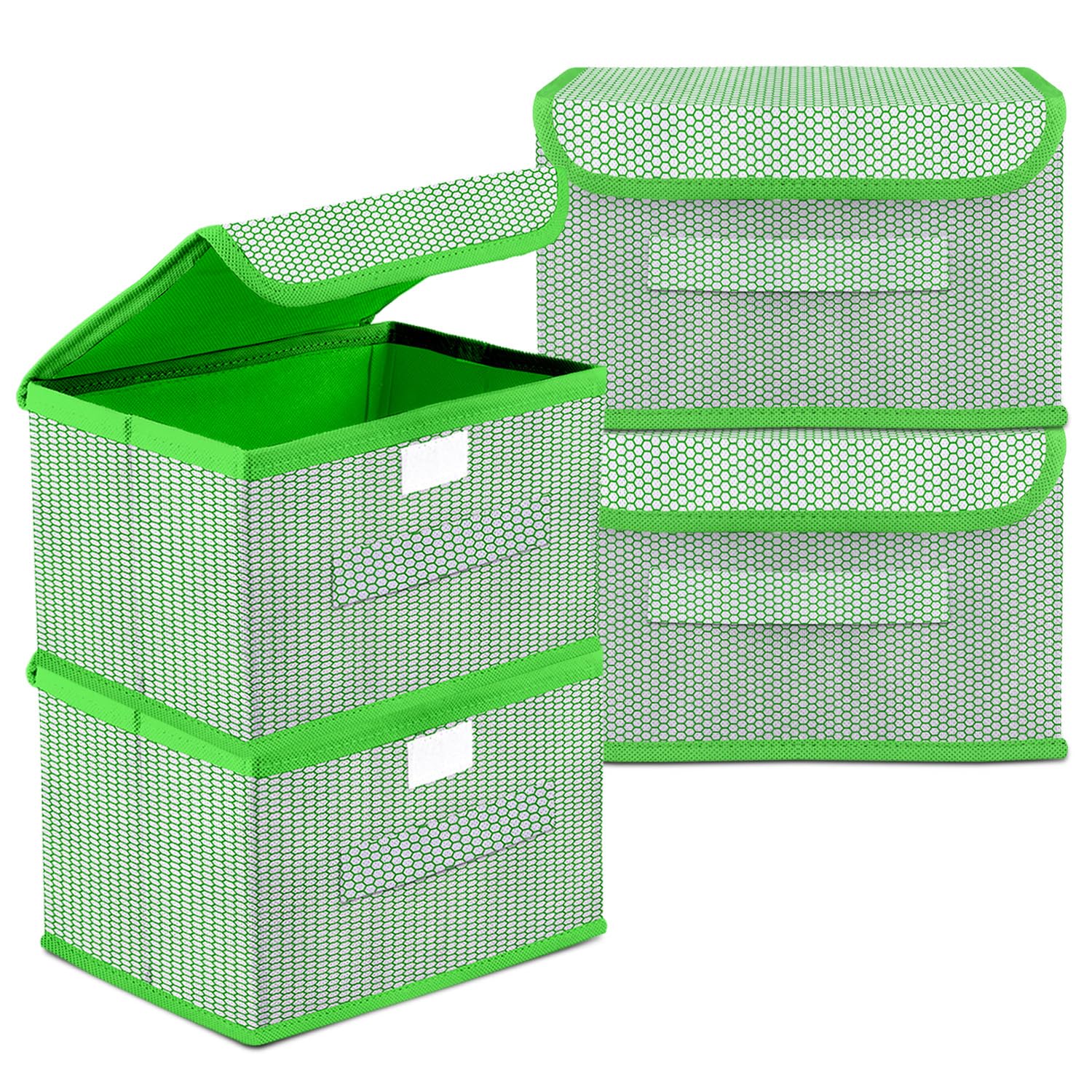 Kuber Industries Drawer Storage Box | Dhakkan Storage Box | Non-Woven Clothes Organizer For Toys | Storage Box with Handle | Zig Zag Design | Medium | Pack of 4 | Green