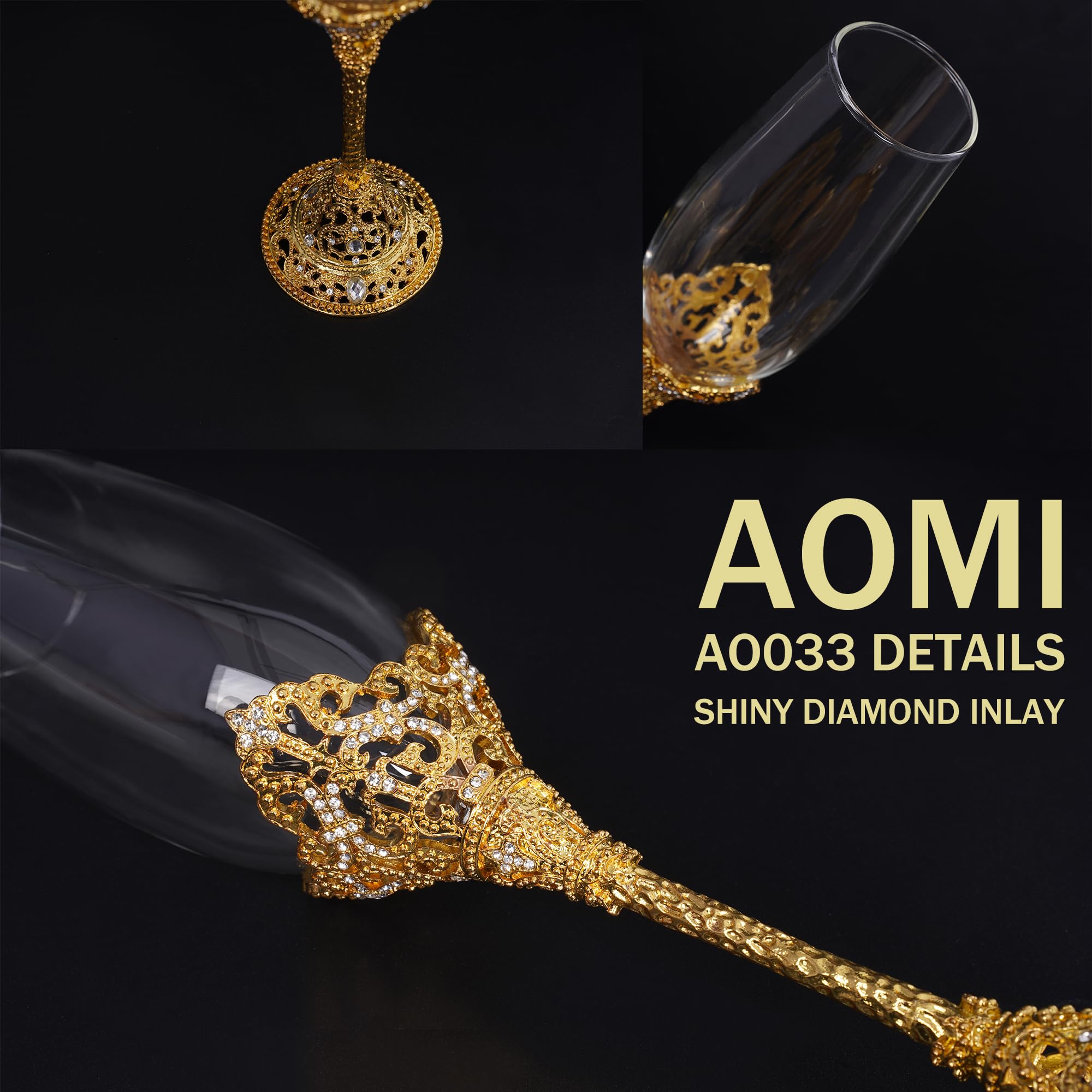 AOMI Copas de champán de boda de cristal de lujo, juego de copas de champán con tachuelas doradas de 7 onzas, elegante par de flauta grabada con caja de regalo, perfecto para bodas, aniversarios y