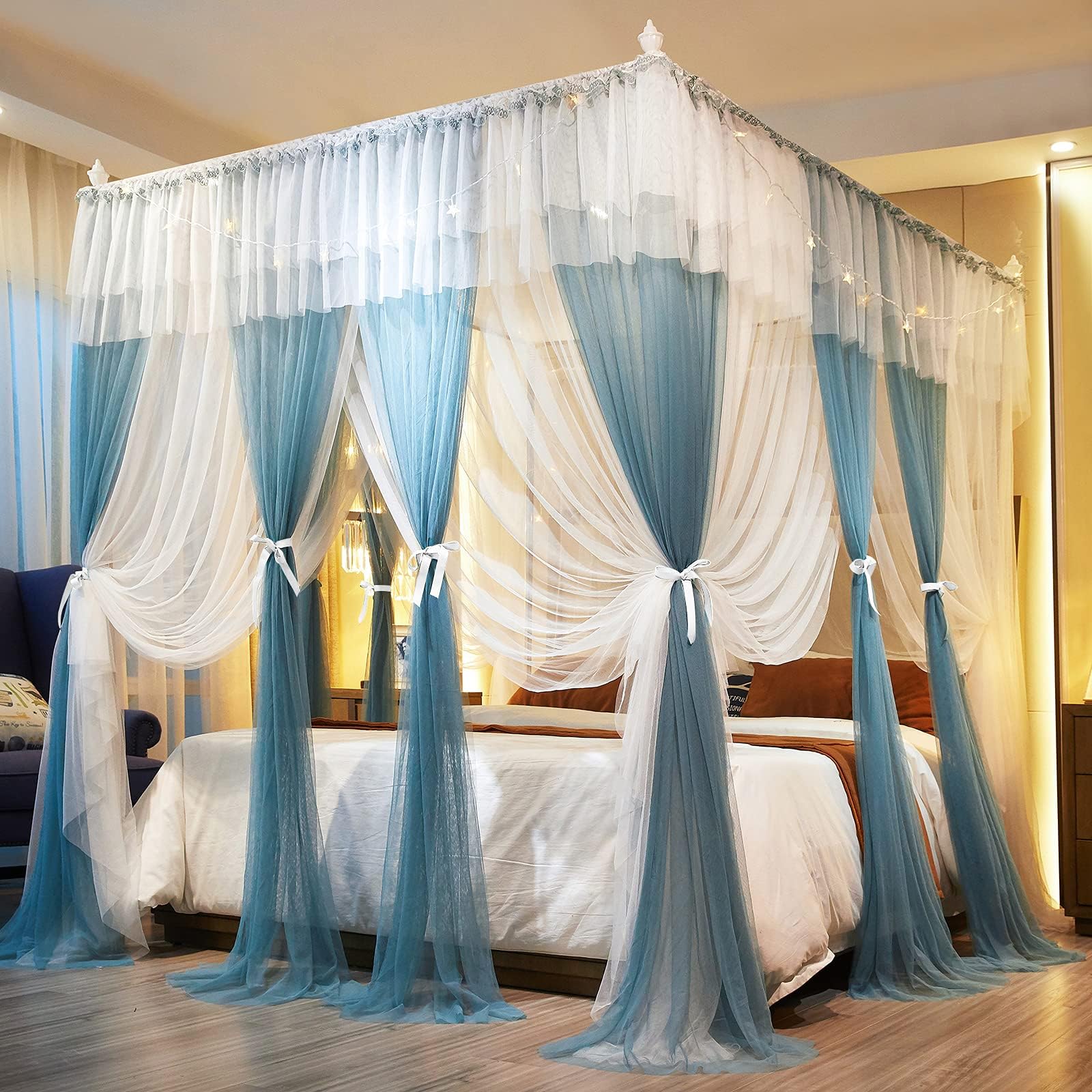 Joyreap Luxury 4 Corners Post Canopy Bed Curtains Twin, Blue n White Cozy Drape Netting for Girls n Adults - 4 Openings Cute Princess Style Bedroom Decoration Accessories