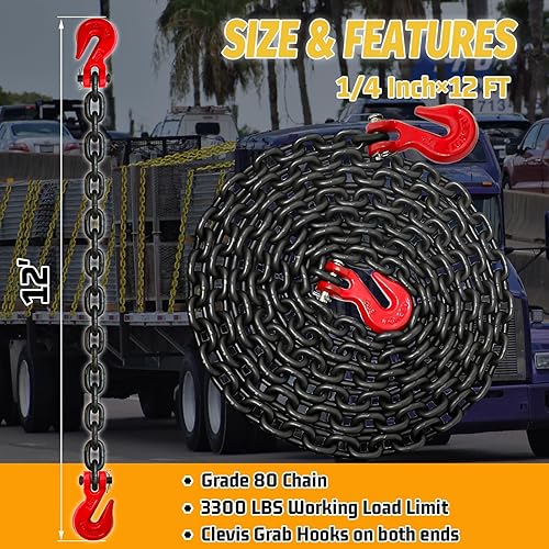 Miniatura 45 de Cadena de transporte G80 Cadena resistente de 1/4 pulgadas × 20 pies con resistencia a la rotura de 3300 libras para remolque Cadenas