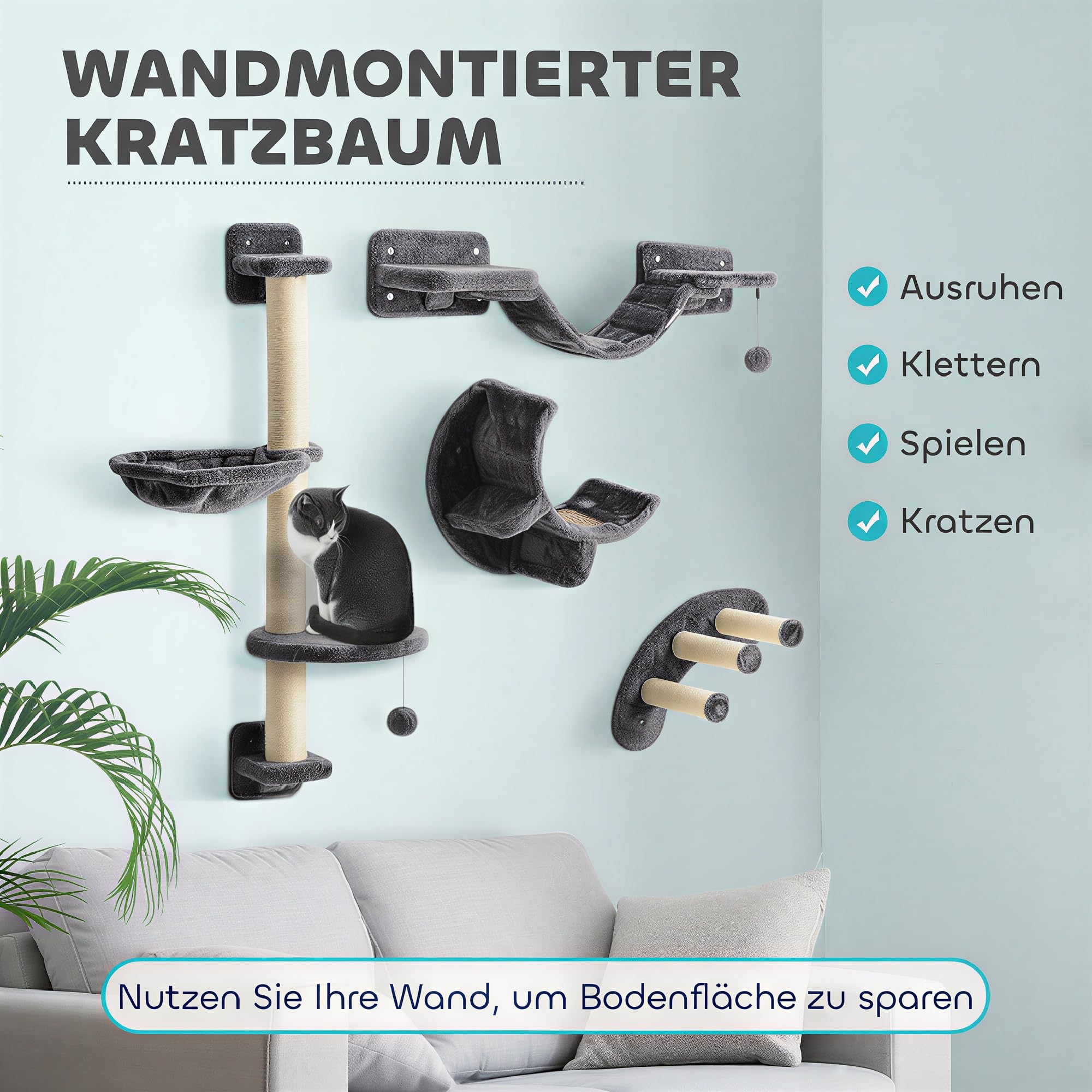 PawHut Kletterwand Katzen 4-teiliges Katzenwandmöbel bis 5 kg Dunkelgrau | Set, Hängematte, Katzenbrücke, Plattformen, Hängeball, Kratzsäule, zum Klettern, Spielen, Schlafen