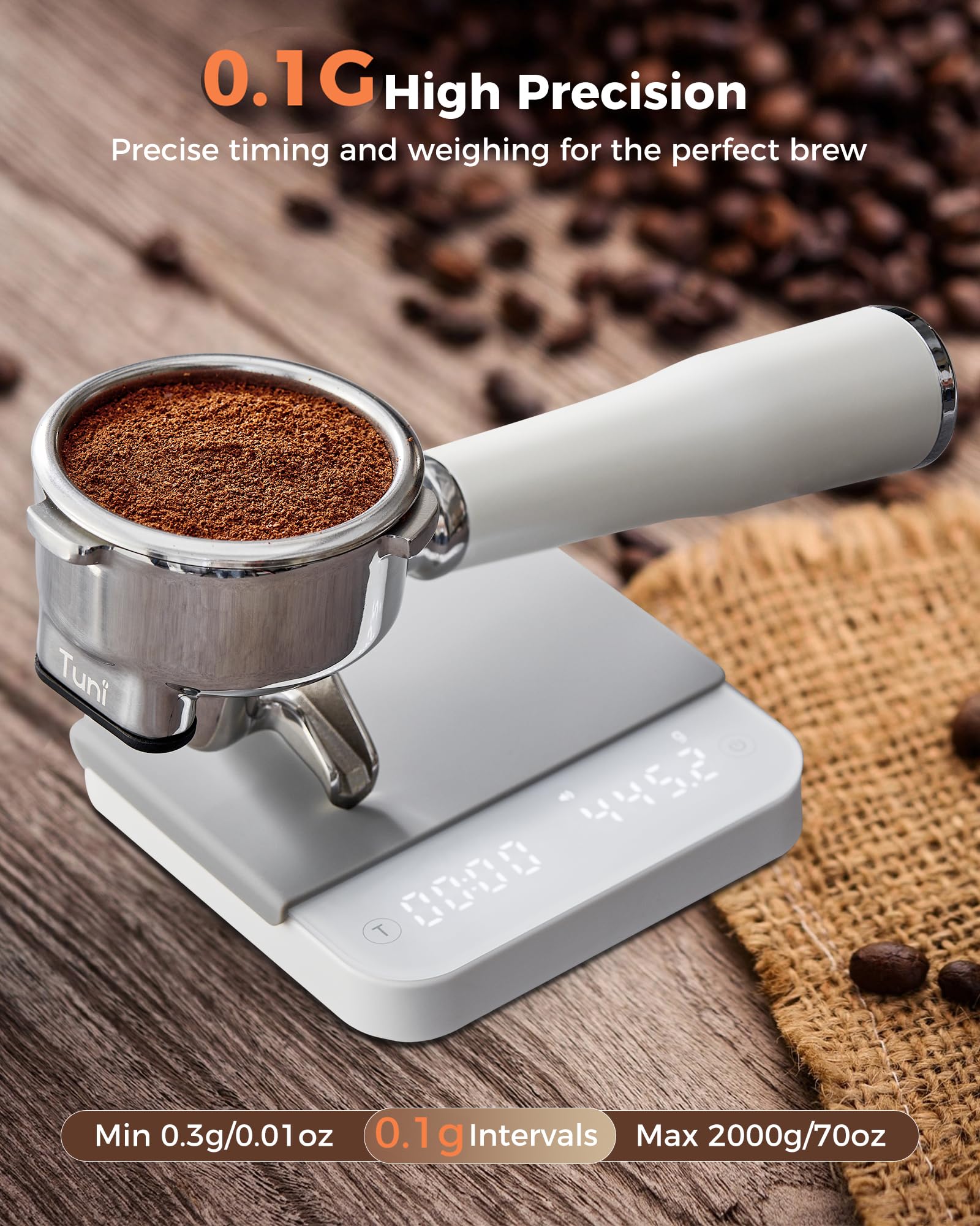 Tuni Báscula de café con sincronización automática, báscula digital recargable para expreso, escala precisa de 2 kg/0,1 g para café expreso y café vertido, medidas en g/oz/ml, relación polvo/agua,