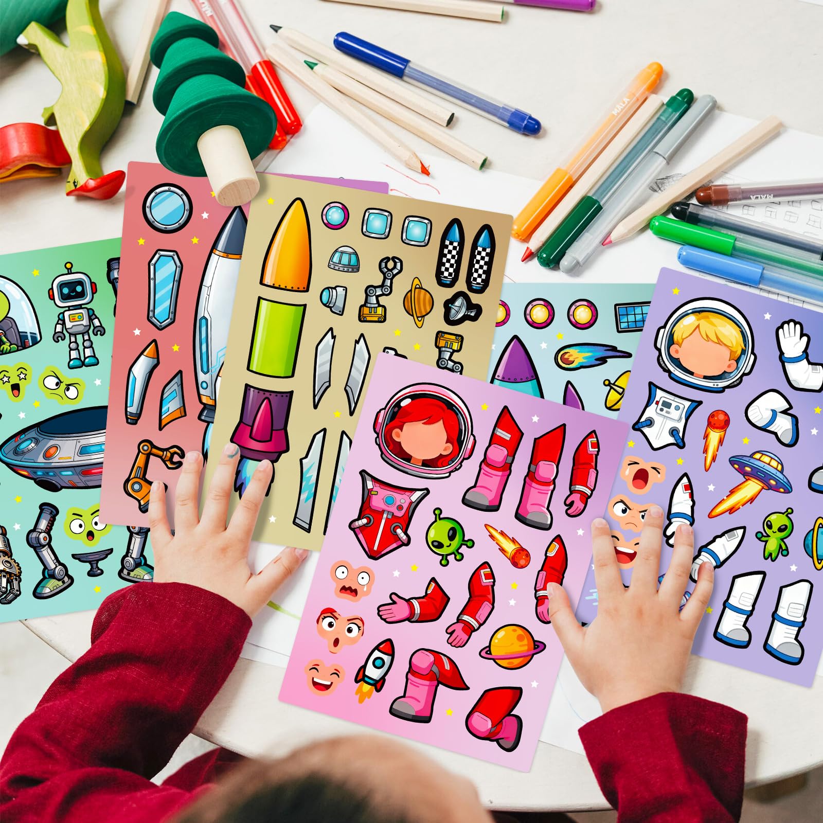 24 Sheets Make Your Own Stickers, Space Make-a-face Sticker Aliens, Astronauts, Spaceship DIY Craft Stickers for Party Decoration Reward — view 3