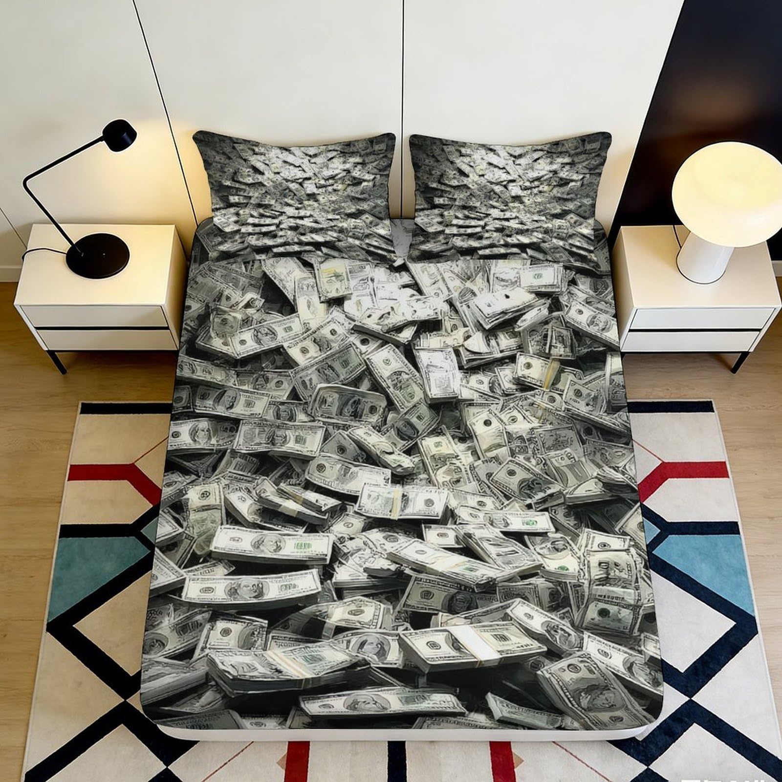 3D Printed Money Stack Fitted Sheet Microfiber Soft Bed Sheet Dollar Pattern Mattress Cover for Bedroom Decor 90x200x25cm