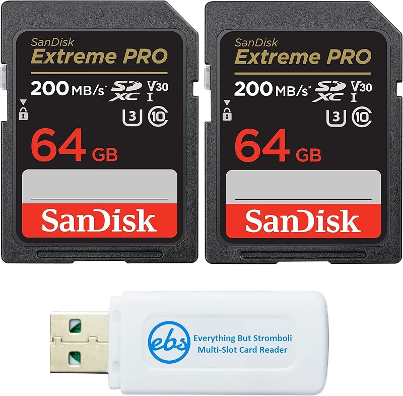 Tarjeta de memoria SanDisk SDXC SD Extreme Pro de 64 GB, paquete de 2, funciona con cámaras DSLR Nikon | Para cámaras D3500, D7500, D5600 4K V30 U3 (SDSDXXU-064G-GN4IN) Plus (1) lector multiranura Everything But Stromboli