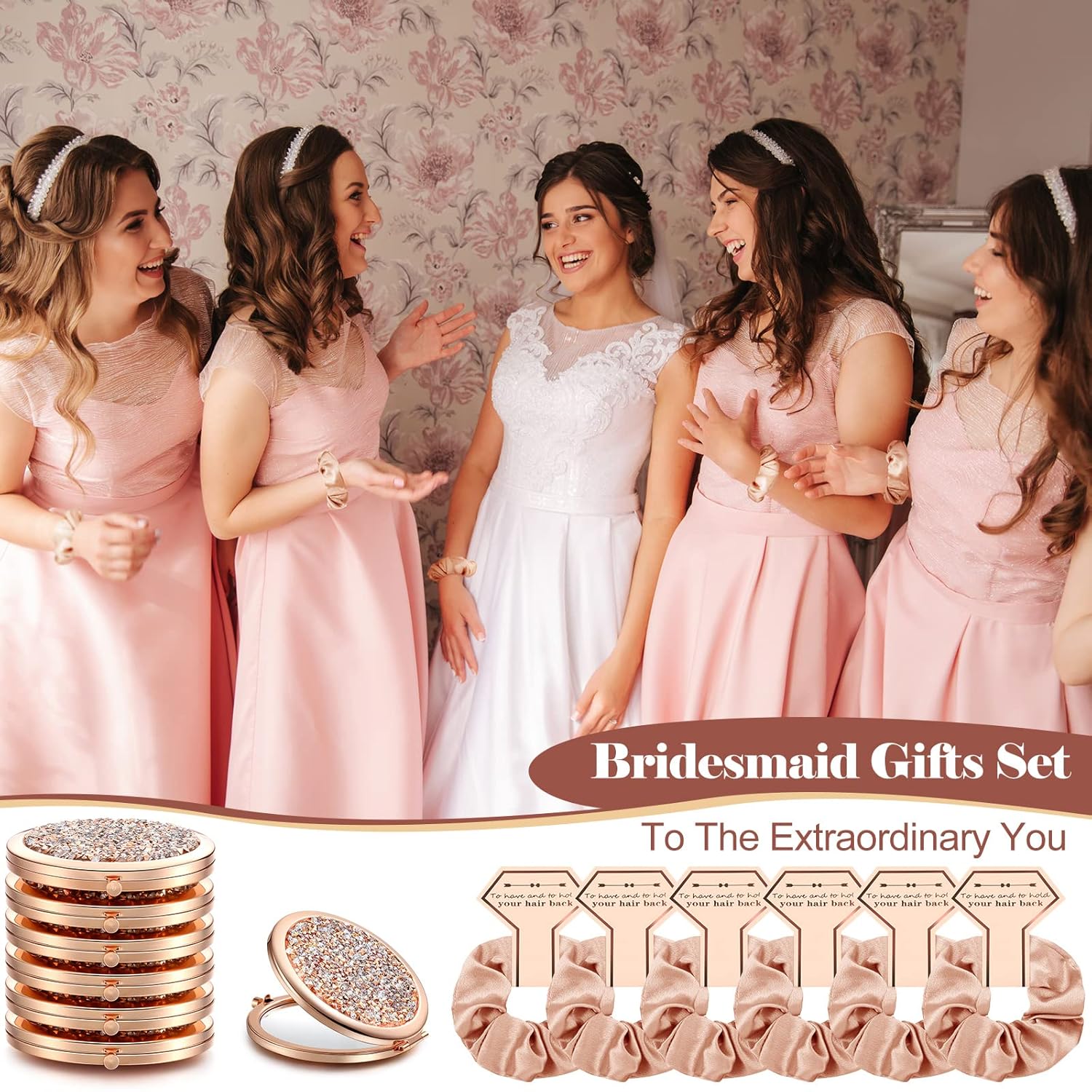 Chunful 6 Sets Bridesmaid Gifts for Women Include Rose Gold Compact Makeup Mirror with Satin Hair Ties Scrunchies Rhinestone Pocket Mirror for Bridal Shower Favors Bachelorette Party Gifts - Image 2