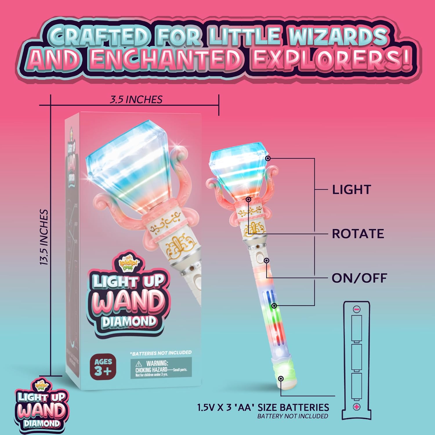 IPIDIPI TOYS Light Up Spinning Diamond Wand, Rotating Magic Princess Toy - Party Favors, Gift Set, Birthday Surprises - Sensory Pretend Play Fairy Wand for Kids Girls and Boys - Image 2