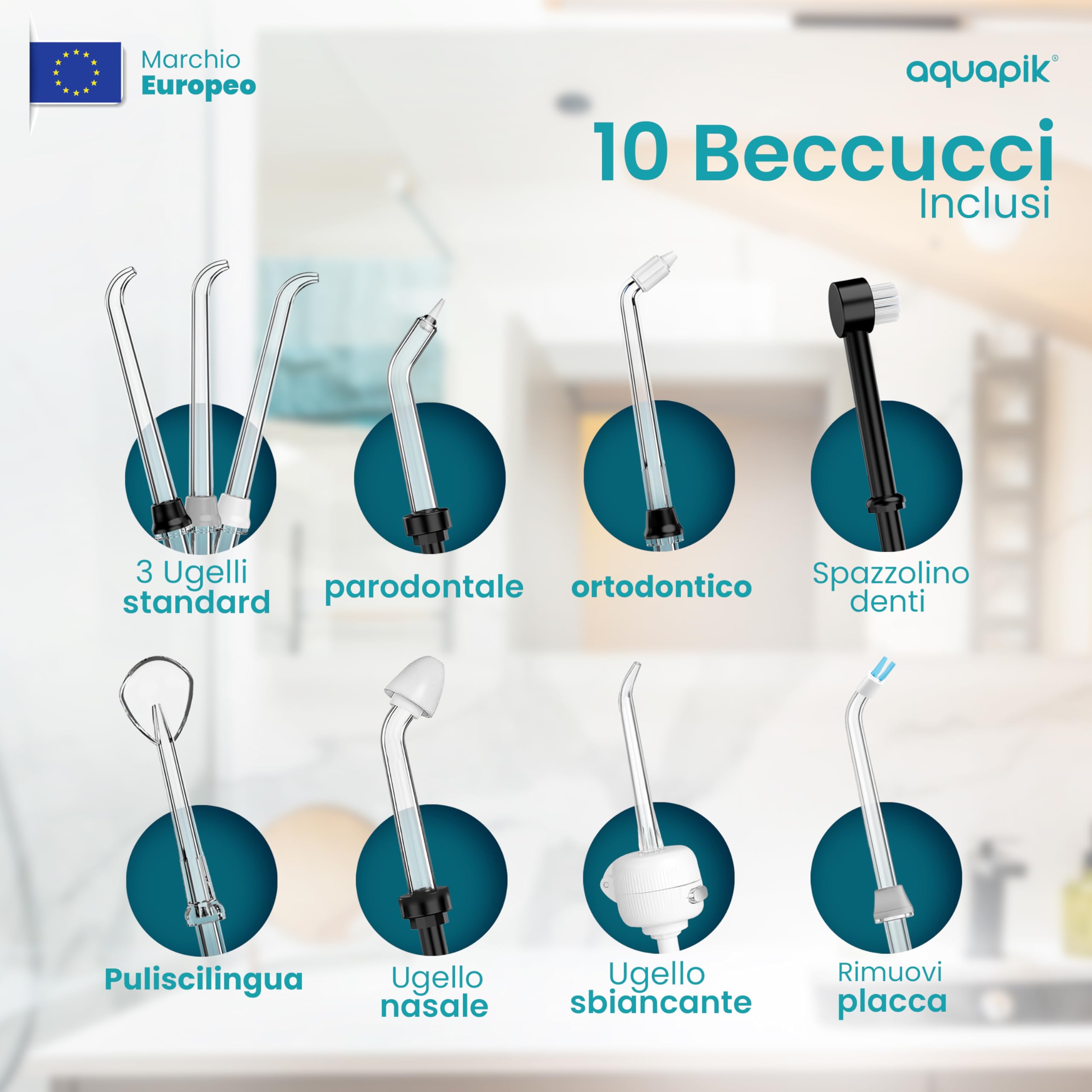 Aquapik® Hydropulseur Advanced Irrigateur buccal Idéal pour l'orthodontie, les implants et les gencives sensibles Kit blanchissant + 10 buses | 10 niveaux de pression