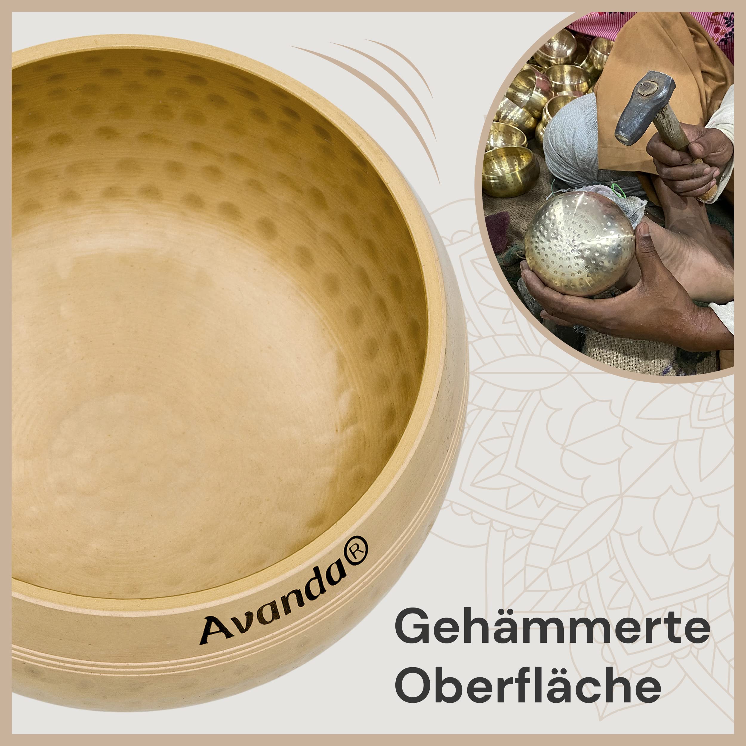 Tibetisches Klangschale-Set für Yoga, Meditation und Entspannung - gehämmerte Tibetische Klangschale Ø 10 cm, Doppel-Schlägel mit Filz und Leder, Ring-Kissen, Beutel und Anleitung