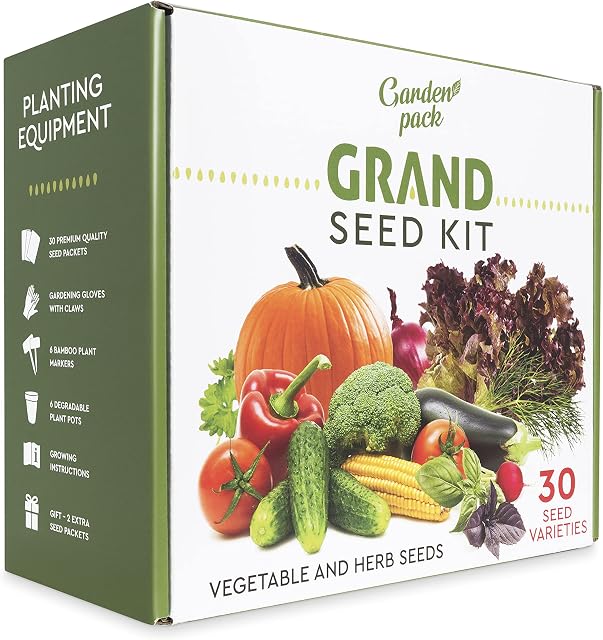 Grand Seed Growing Kit - 30 Vegetable Seeds Varieties - Gloves with Claws, 6 Biodegradable Peat Pots, 6 Bamboo Plant Markers - Grow Your Own Indoor Garden - Ideal Gardening Gift