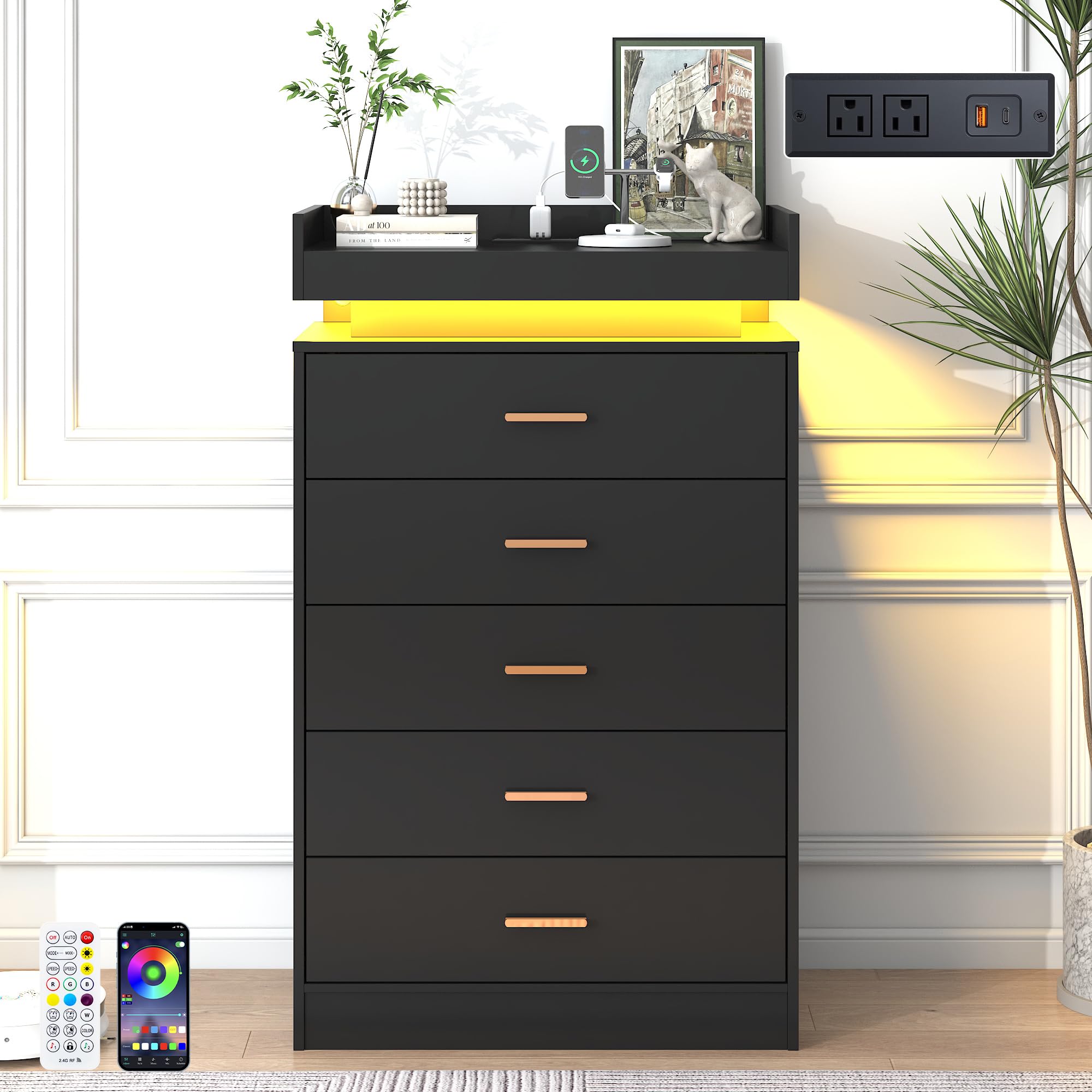 jiteentarou 5 Drawer Dresser with Charging Station and LED Lights, Modern Chest of Drawers with Power Outlet, Organizer Cabinet for Bedroom, Living Room, Entryway, Black : Home & Kitchen