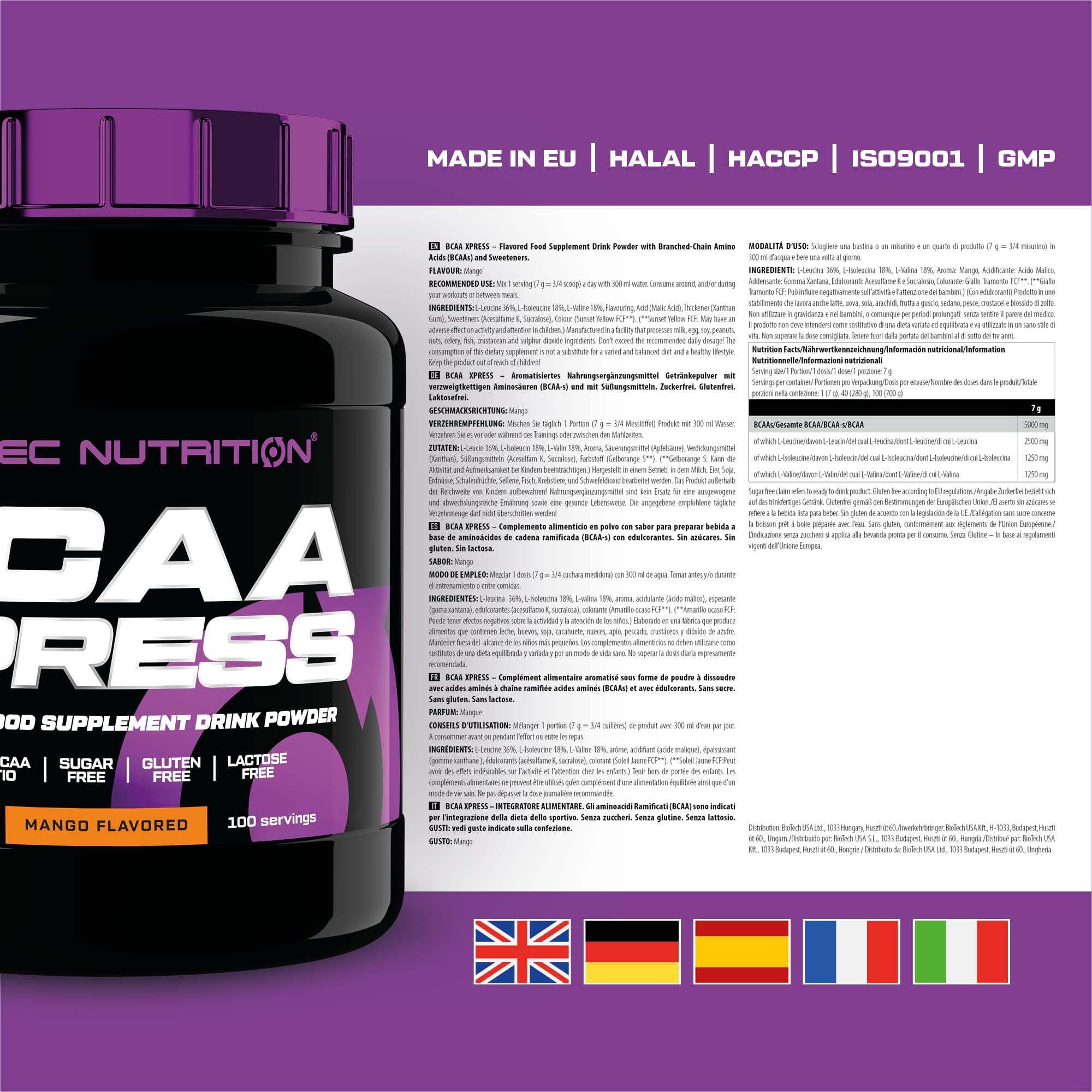 Scitec Nutrition BCAA-Xpress - Polvere con aminoacidi ramificati 2:1:1 | Da bere prima, durante e dopo l'allenamento - Si scioglie facilmente - Senza zuccheri e lattosio - 700 g, Mango