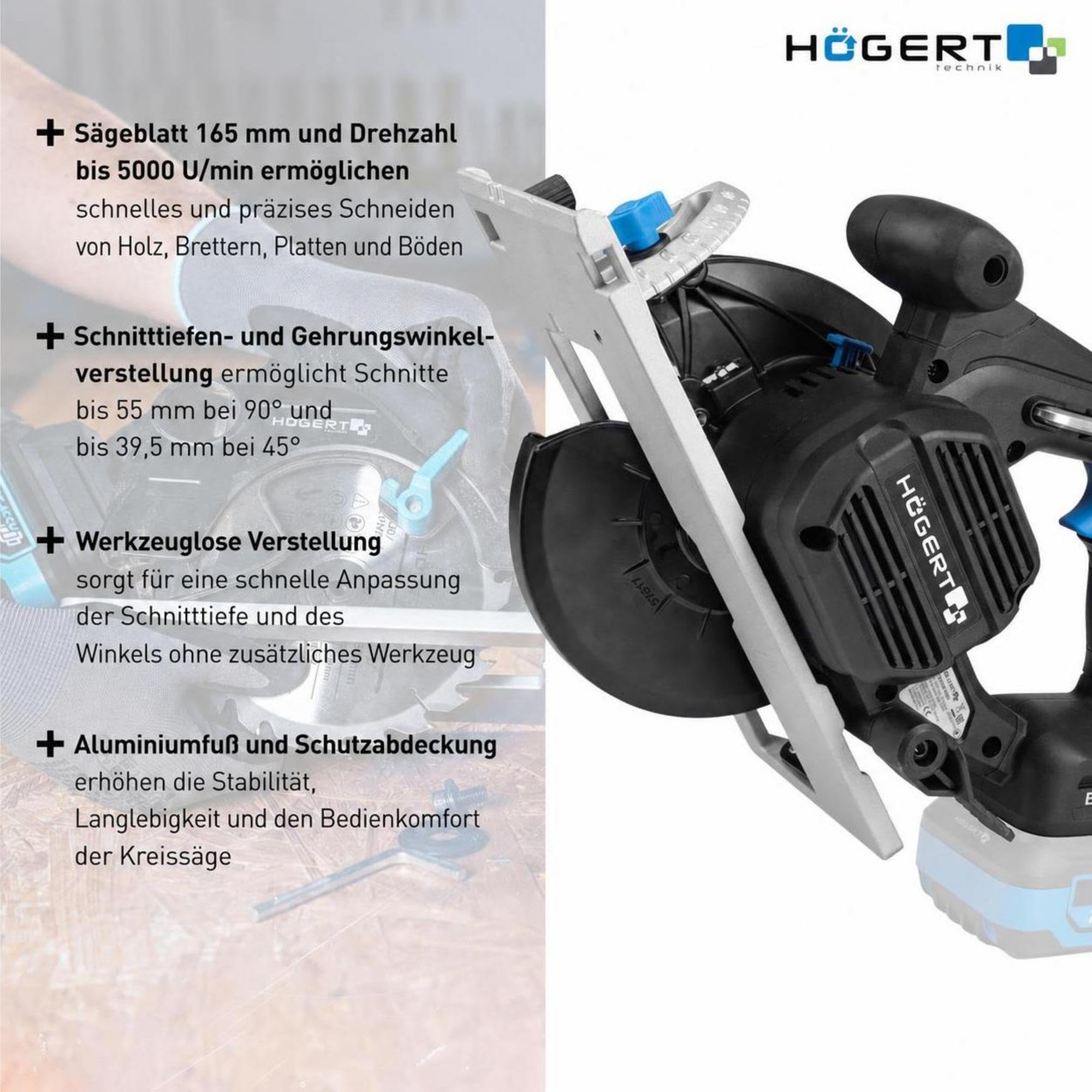 HÖGERT TECHNIK Akku-Handkreissäge 18V OneAccuSystem, bürstenloser Motor, 0-5000 U/min, 165 mm Blattdurchmesser, werkzeuglose Einstellungen, LED, Aluminiumschutz, für Holz, ohne Akku