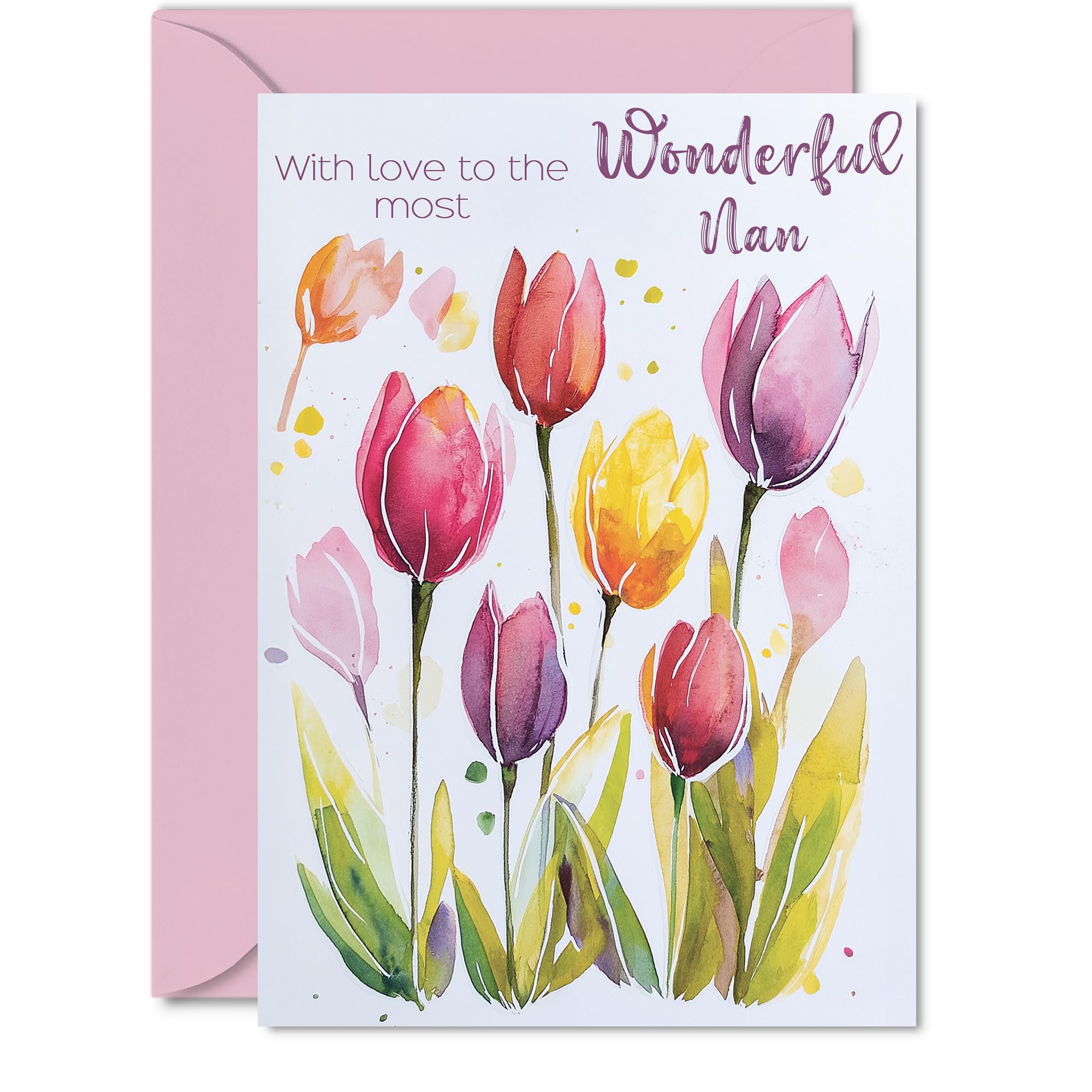 Nan Birthday Card, Watercolour Tulips Flowers