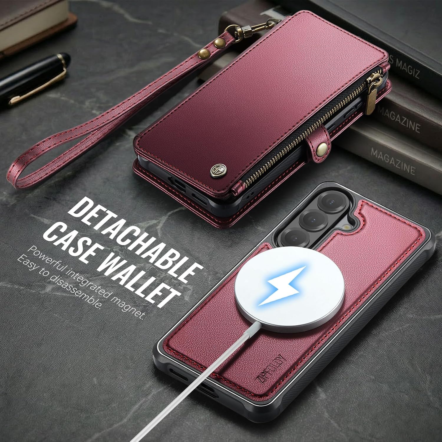 for Samsung Galaxy S26 Wallet Case Magnetic [Compatible with Magsafe] [RFID Blocking Card Holder] [Zipper] [Strap] Detachable Drop-Proof Protective Phone Cases for Galaxy S26-6.3", Burgundy