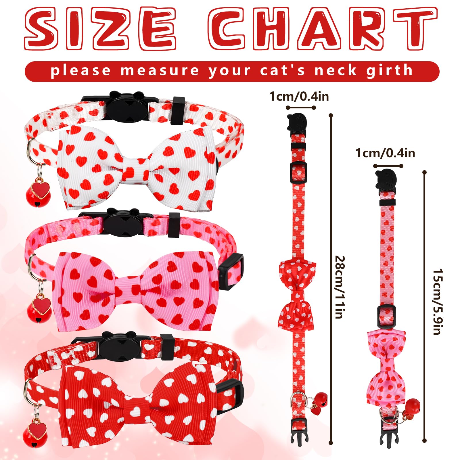 JarThenaAMCS 3 collares de gato para el día de San Valentín, collar de corazón con pajarita con campana separable, collar ajustable para gatito para niña, niño, gato, mascota pequeña