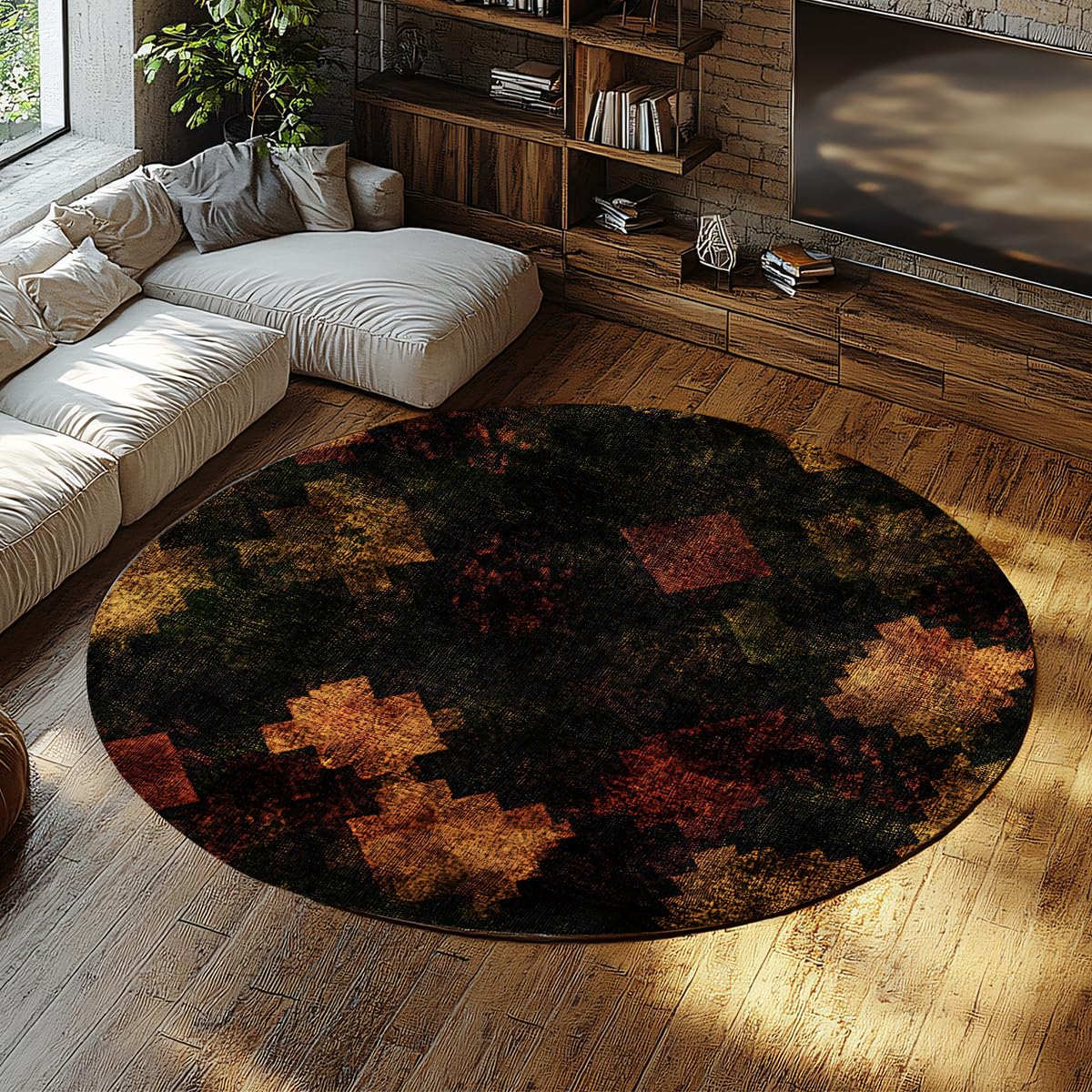 Tapis rond vintage pour cuisine et atelier avec motif rustique abstrait