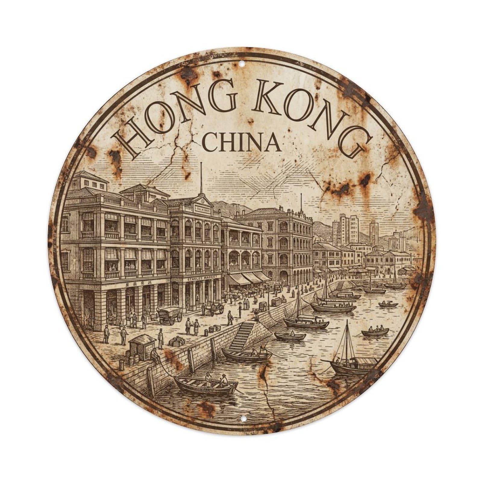 Vintage Travel Hong Kong China Waterfront Metal Tin Sign