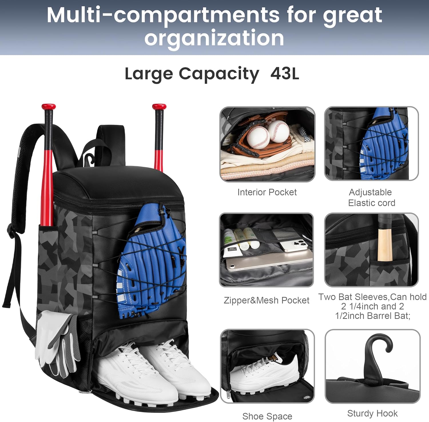 Softball Bag for Youth Adult, Large Leather Baseball Bat Backpack with Shoe Compartment, Waterproof Baseball Bag with Fence Hook for TBall Bat & Equipment