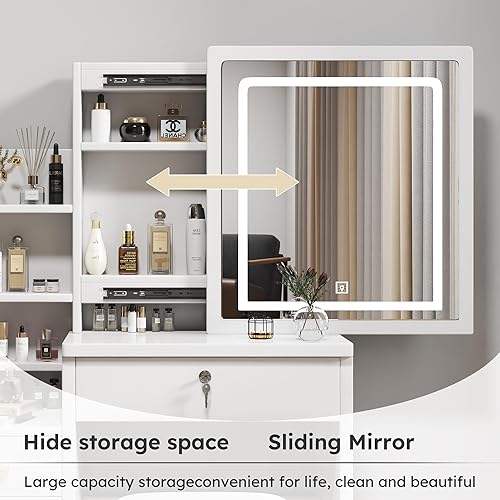 Miniatura 6 de Escritorio de maquillaje, mesa de tocador, tocador de maquillaje con espejo con múltiples cajones 4, escritorio de maquillaje con luces, 3 modos de