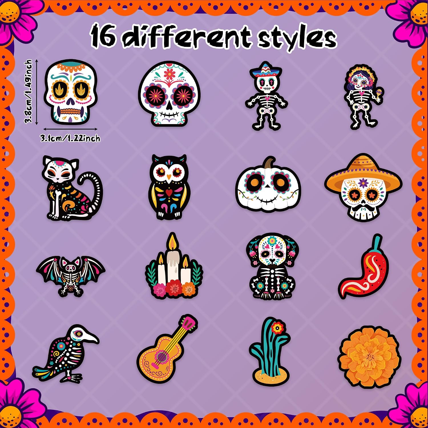BeYumi Sugar Skull Roll Stickers - 1000Pcs Day of The Dead Stickers in 2 Rolls Dia de Los Muertos Sugar Skull Waterproof Vinyl Decals Halloween Mexican Festival Party Supplies Classroom Decor