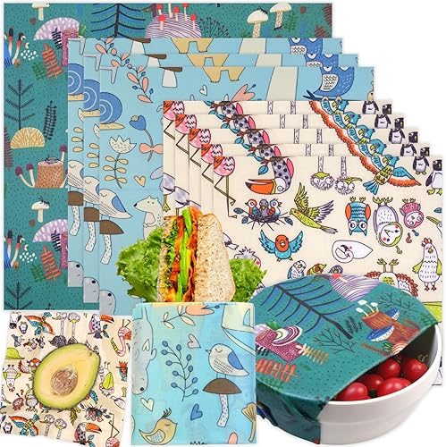 Envoltura de cera de abeja reutilizable, paquete de 9 envolturas de cera de abejas para alimentos, envolturas ecológicas de cera de abeja, envoltura