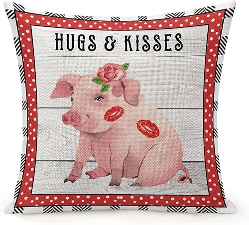 Valentines Day Pig Hugs Kisses Decorative Throw Pillow Covers 16x16 Farmhouse Square Accent Valentine Pillow Cushion Cover Case for Sofa Bedroom