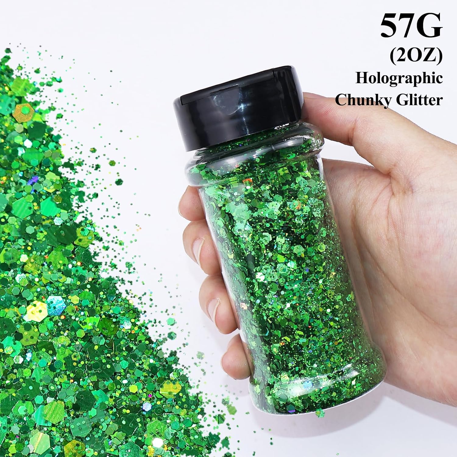 2oz Bottle Holographic Glitter Chunky Mixes 12 Color Super Laser Effect Glitter for Parties, Manicures, Slime, Tumbler Cups and Craft DIY, Holiday Decorations (2oz(57g) Holographic Green)