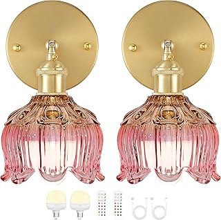 FFVU Vintage Battery Wall Sconce with Flower lampshade,Rechargeable Batt...