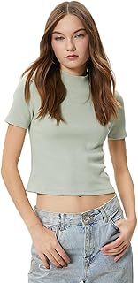 KOTON womens Turtle Neck Crop Slim Fit Short Sleeve Ribbed Tshirt