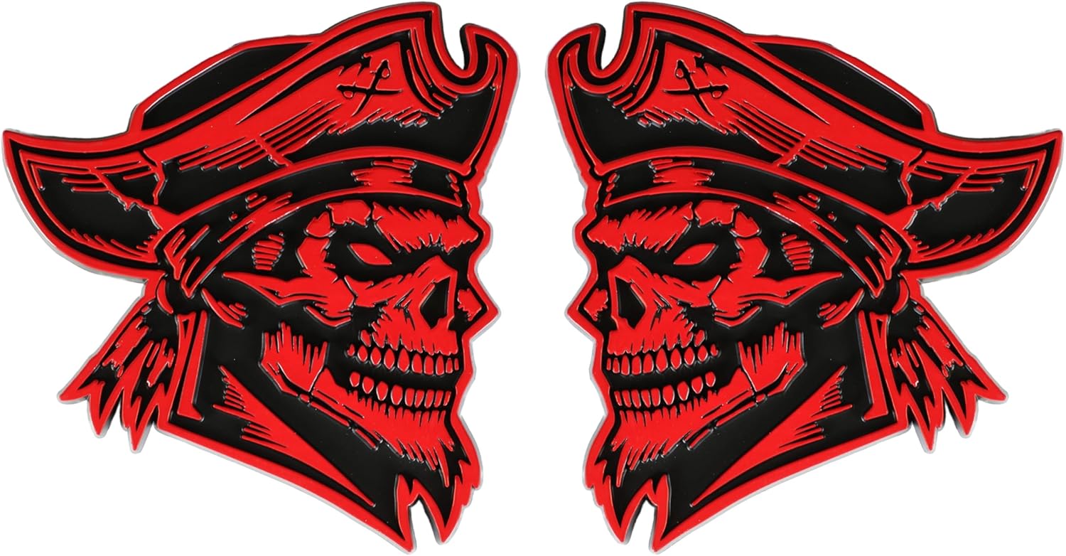 Pirate Emblem 3D Skull Badge, Custom Car Decal Sticker – Durable Exterior Trunk, Hood, Fender for Car, Truck, SUV (Set of 2) (Orange)