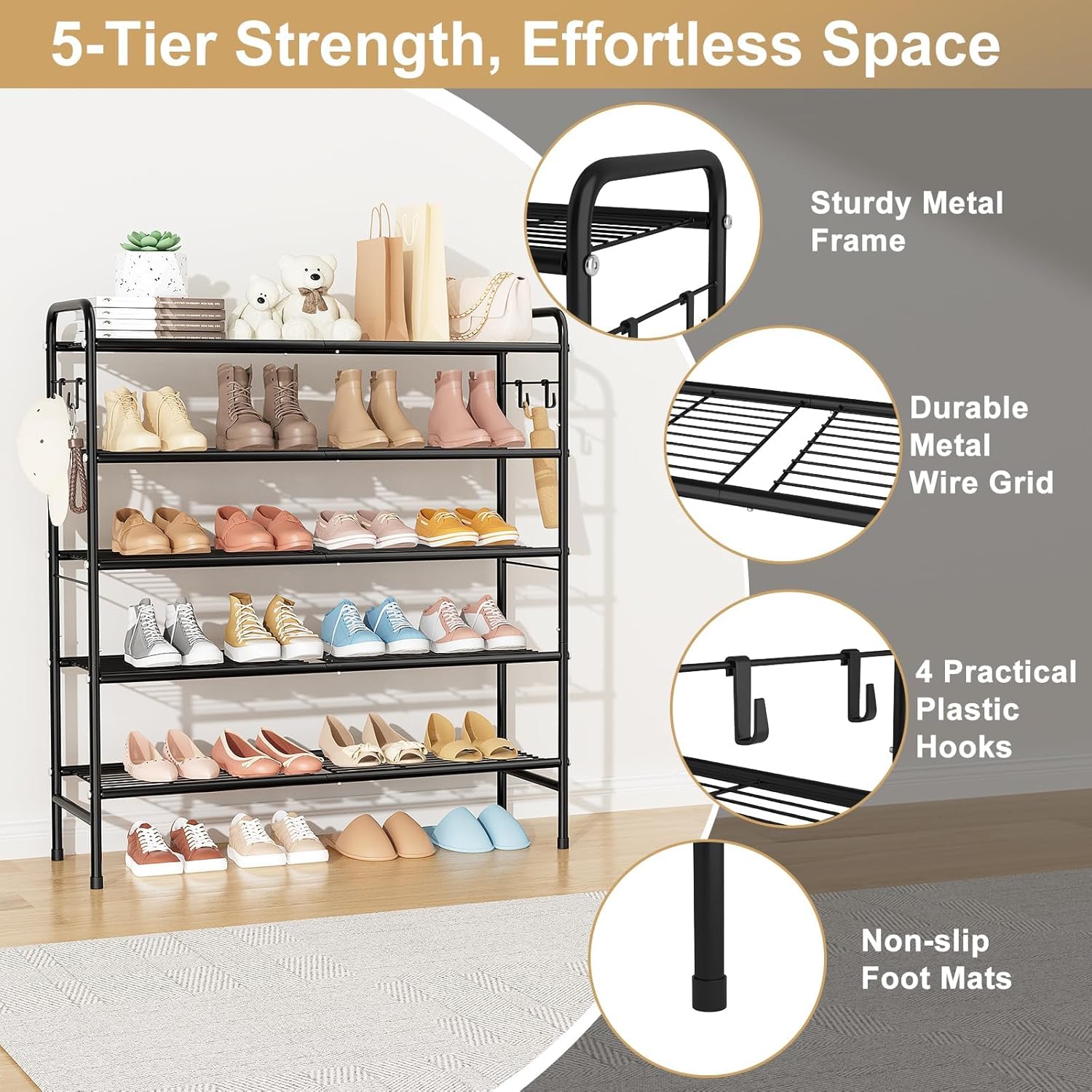 5 Tier Shoe Rack 33" Wide Metal Shoe Organizer Long Shoe Storage with 4 Side Hooks Sturdy Shoes Shelf for Closet, Front Door Entrance, Garage, Dorm, Black